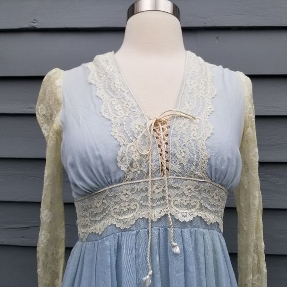 Gunne Sax Vintage 70s Lace-Up Corset Baby Blue Lace Boho Prairie Maxi ...