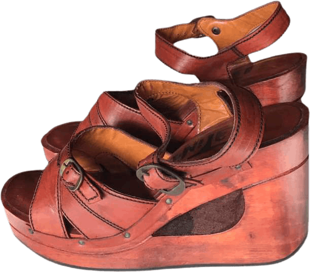 Vintage 70's Brazilian Leather Wedge Heel Wooden Sandals by