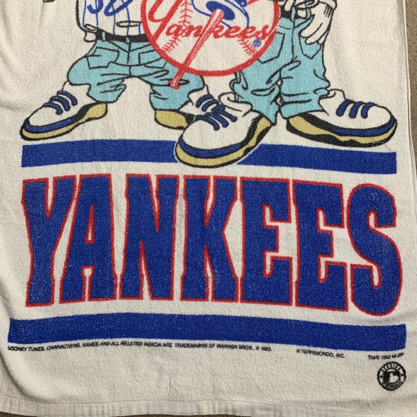 Vintage 90s Mlb Yankees Beach Towel 54 X 28 White Looney Tunes Terrycl