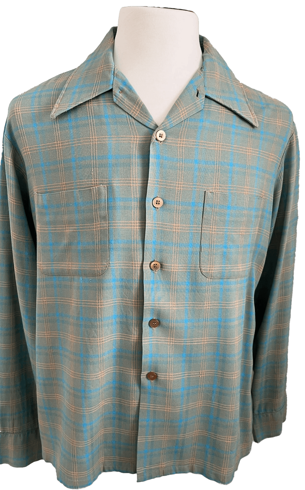 40s/50s Blue And Tan Shadow Plaid Rayon Rockabilly Shirt-l by McGregor