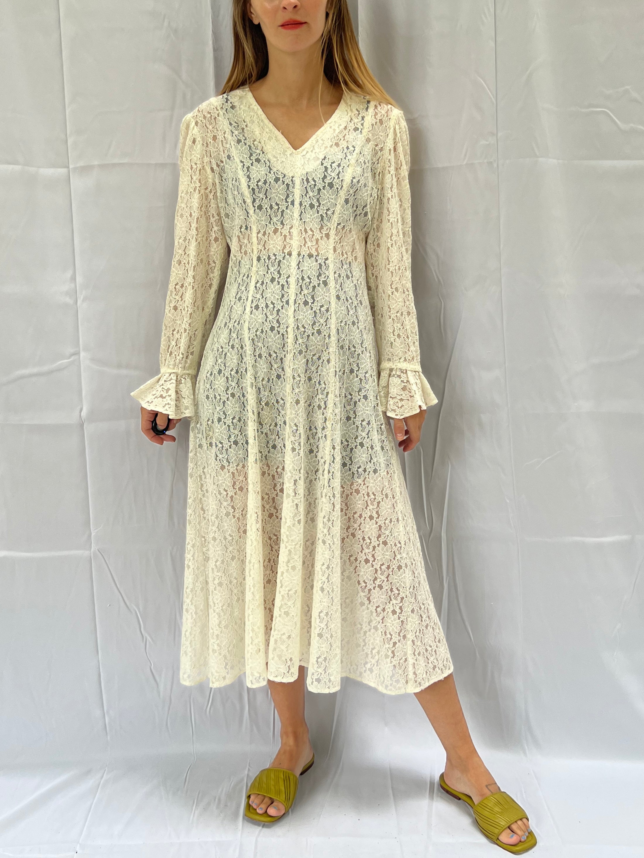Vintage Sheer Lace Ruffle Sleeve Dress