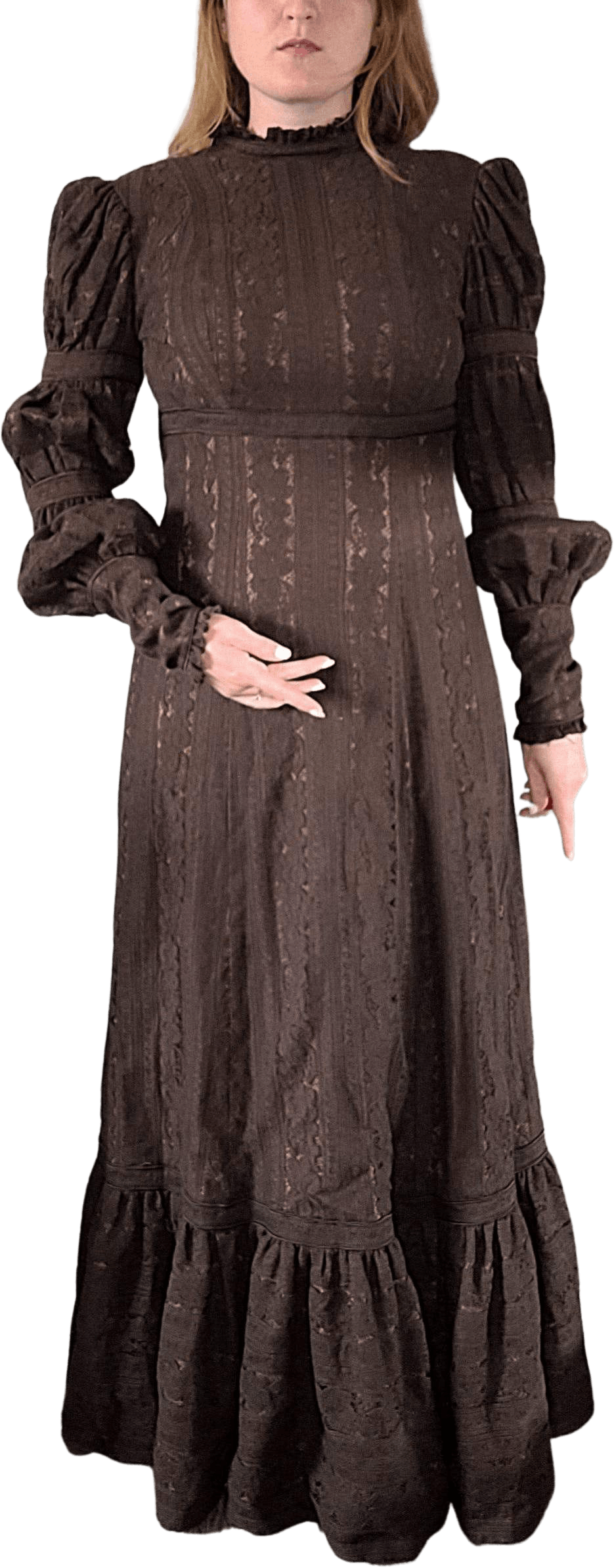 brown lace western dress Vintage 60's/70's Brown Lace Regency Renaissance Victorian Edwardian Prarie  We