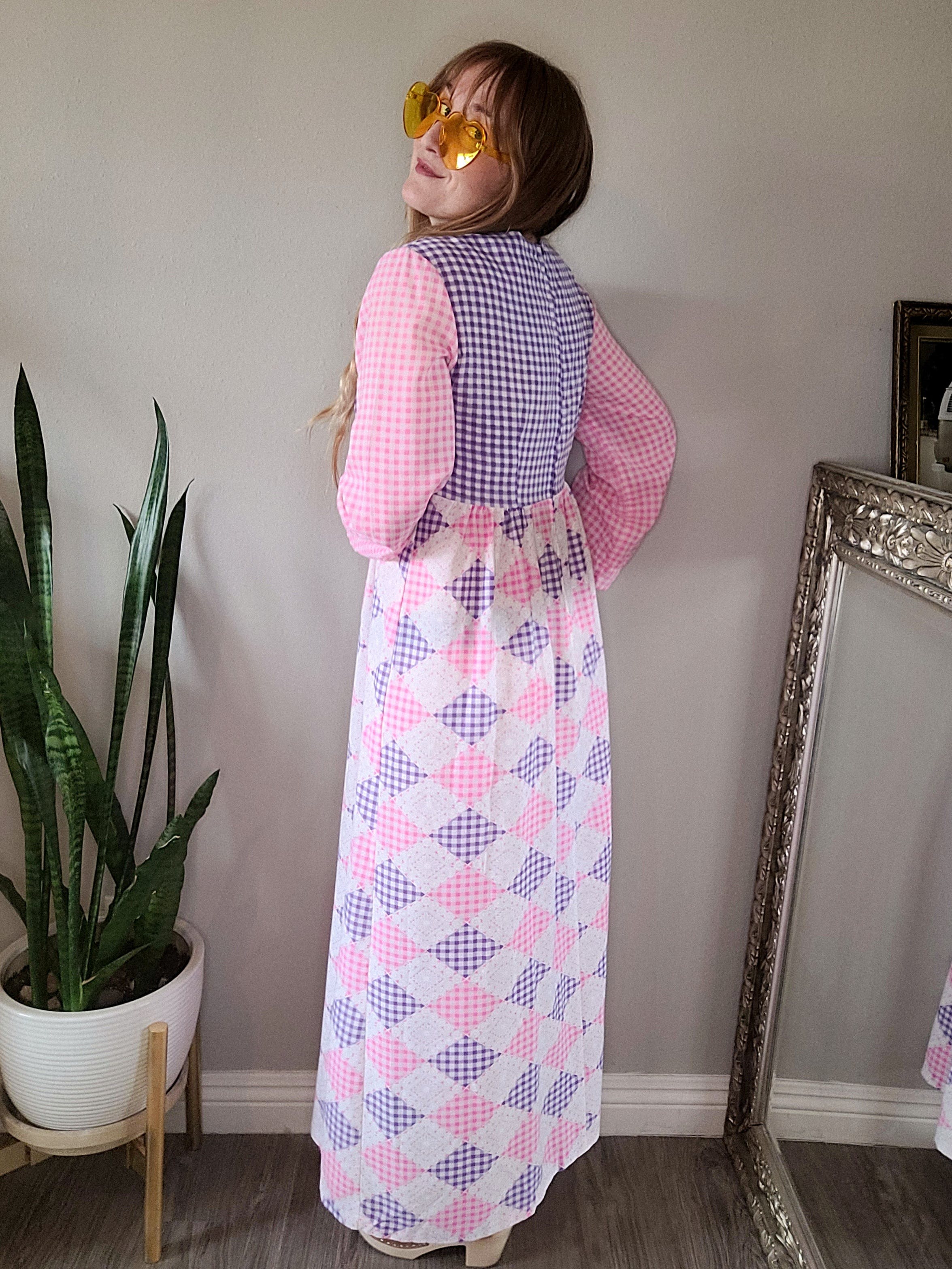 Vintage 60's/70's Pink and Purple Gingham Patchwork Prarie Cottagecore Maxi  Dr