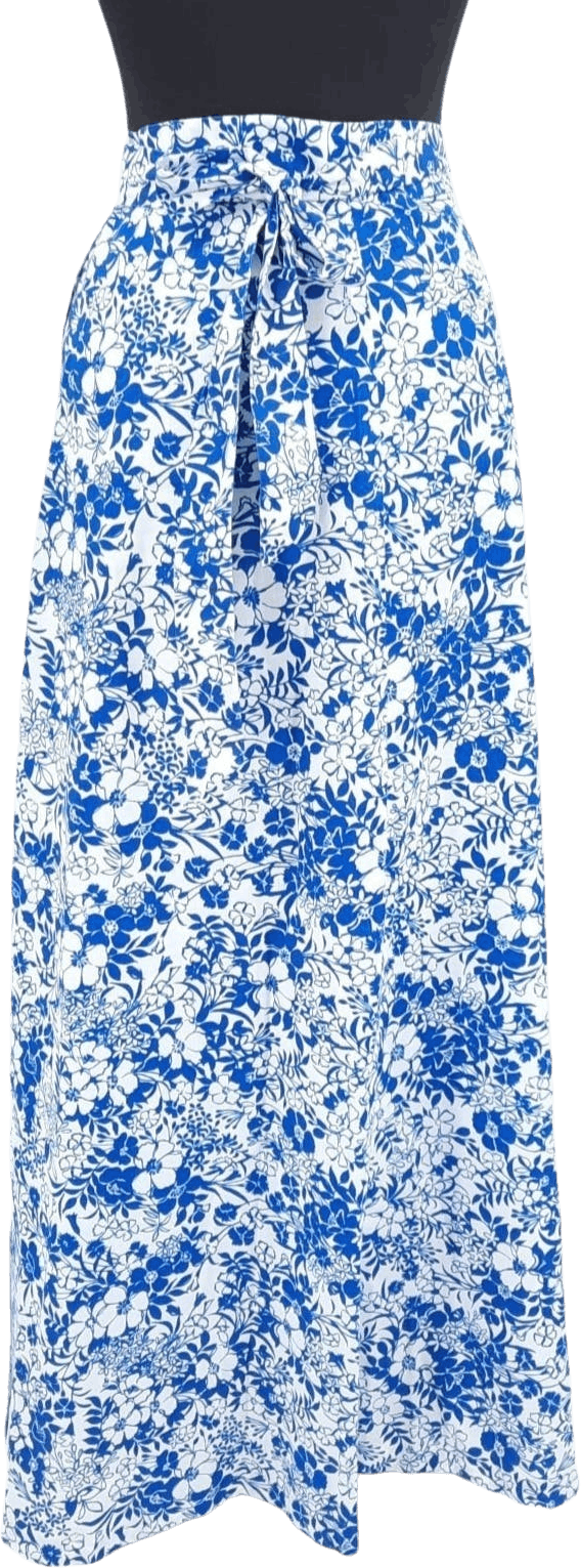 Vintage 60s Blue White Floral Hawaiian True Wrap Maxi Skirt Cotton