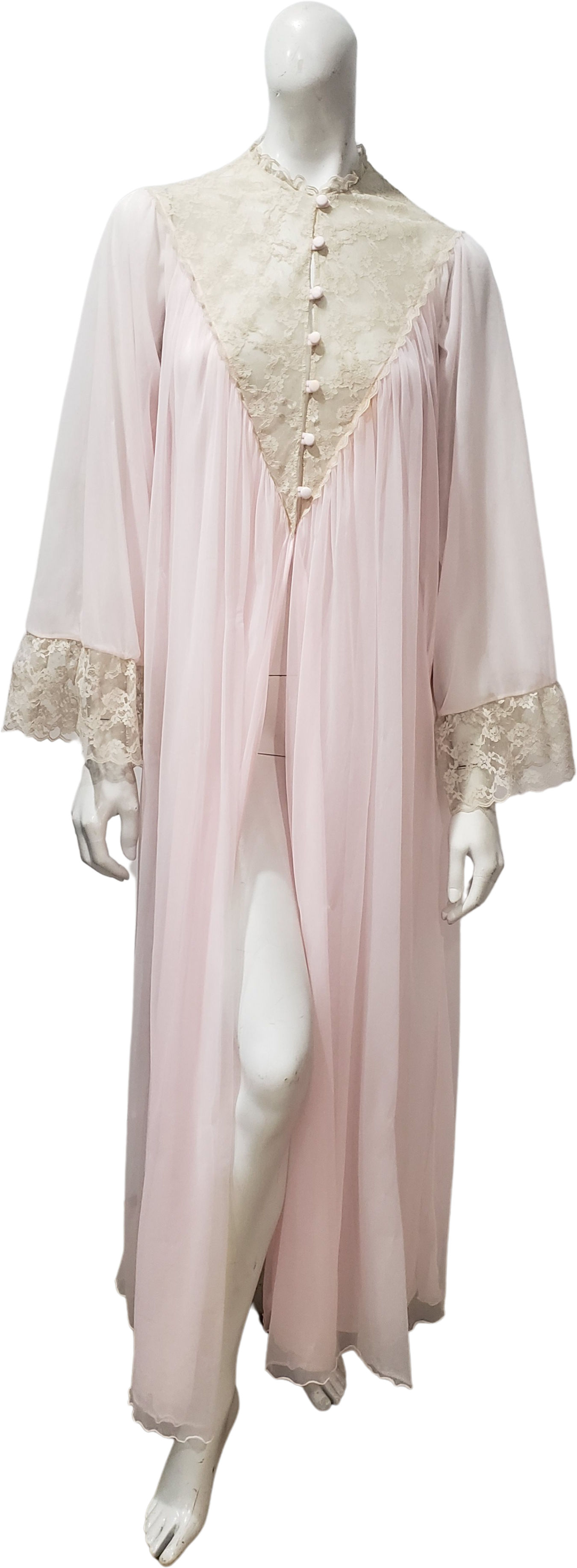 Vintage 60’s Chiffon Lace Peignoir 2024 V Back Nightgown Robe Sleeve Lounger Robe by Intime of California