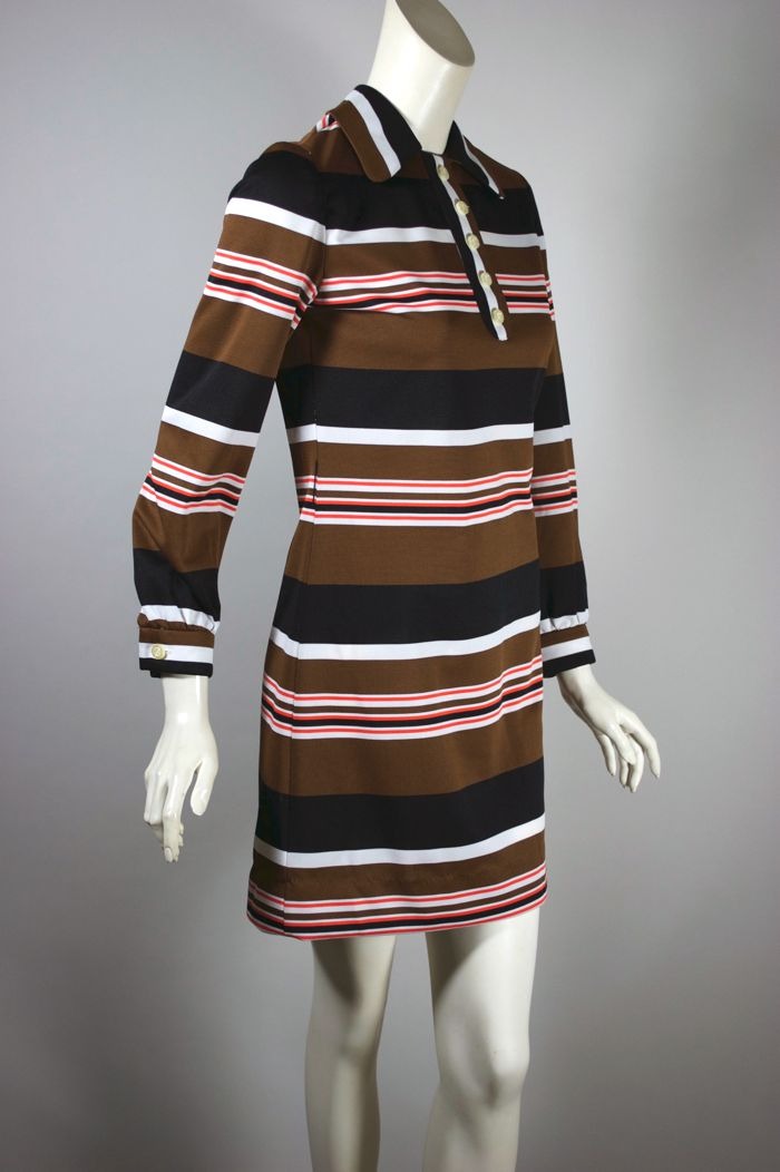 Vintage 60s Mod Micro Minidress Neutrals Striped Knit Poly Shop Thrilling 5256