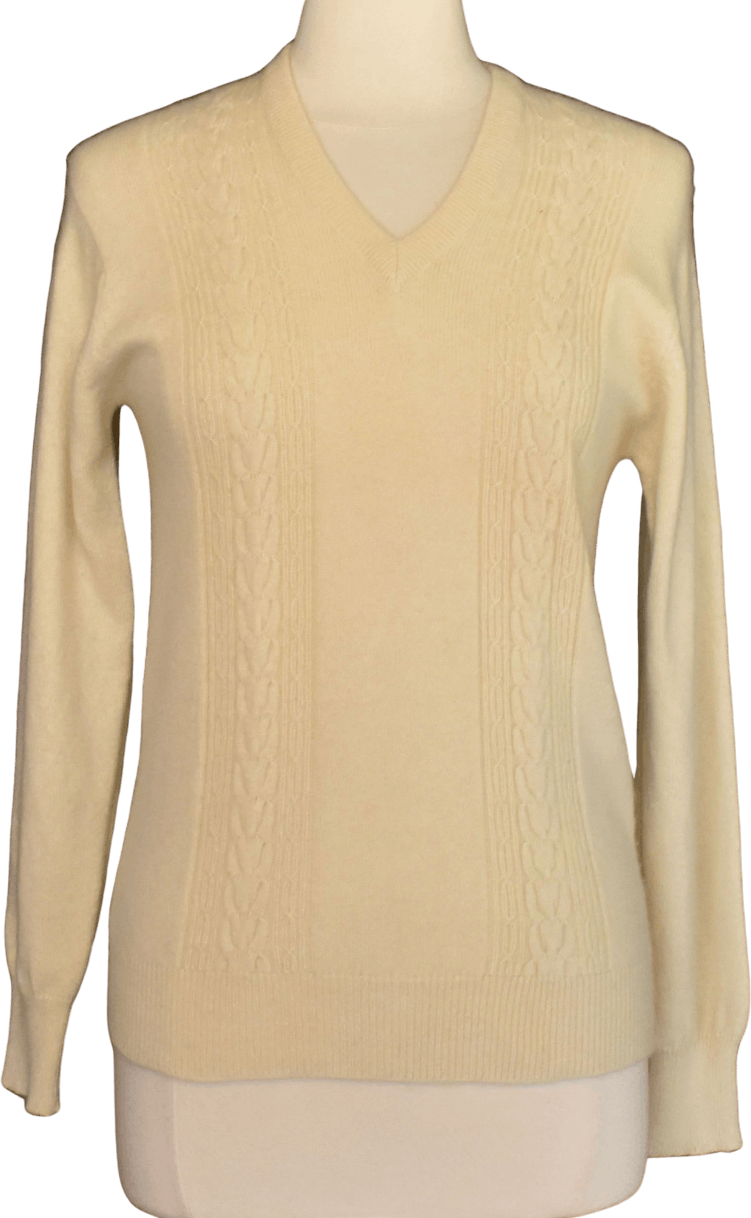 Vintage 60's Off White Cable Knit V-Neck Pullover Cashmere Sweater