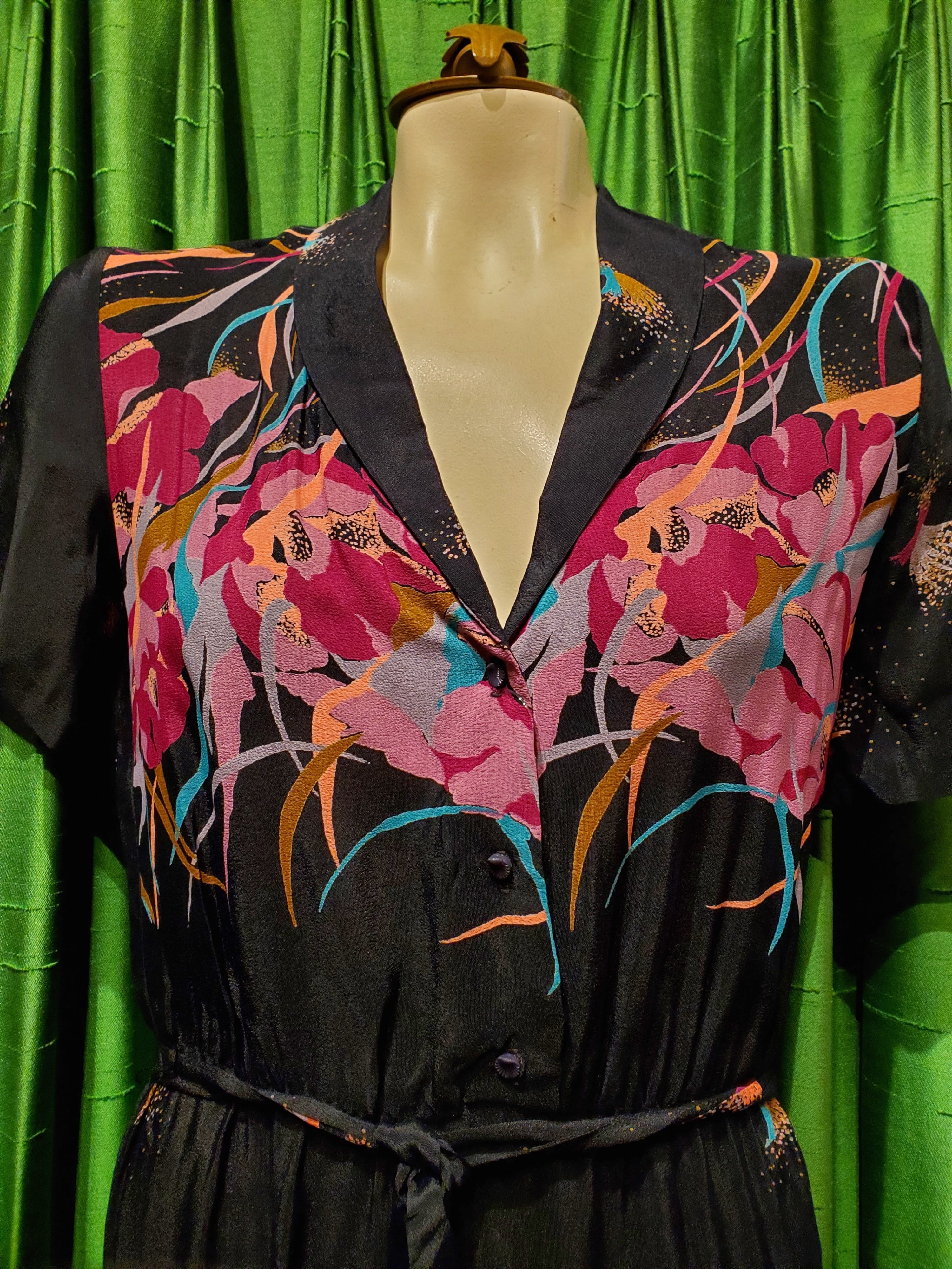 Romantic Smocked Moss Crepe 70s Dark Floral Dream Dress