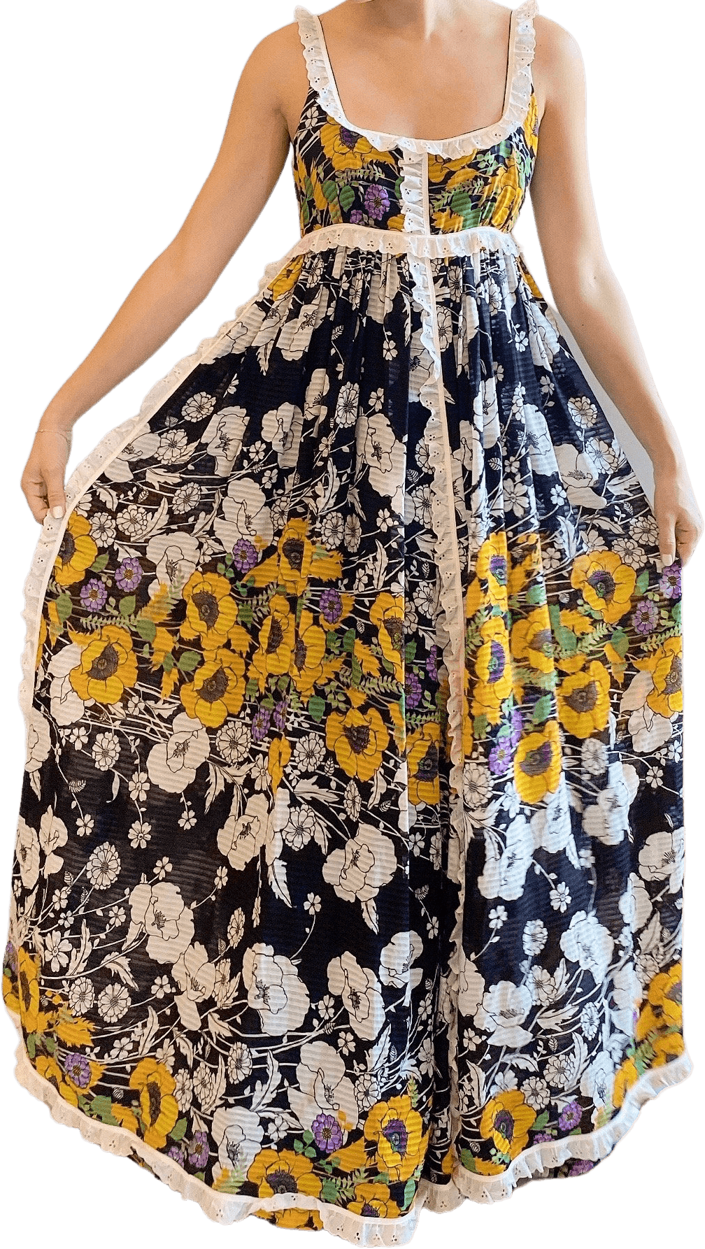 Vintage 70's Black and Multicolor Floral Lace Trim Empire Waist Dress by Jean | Shop THRILLING Vintage 70's Black and Multicolor Floral Lace Trim Empire Waist Dress by Jean | Shop THRILLING
