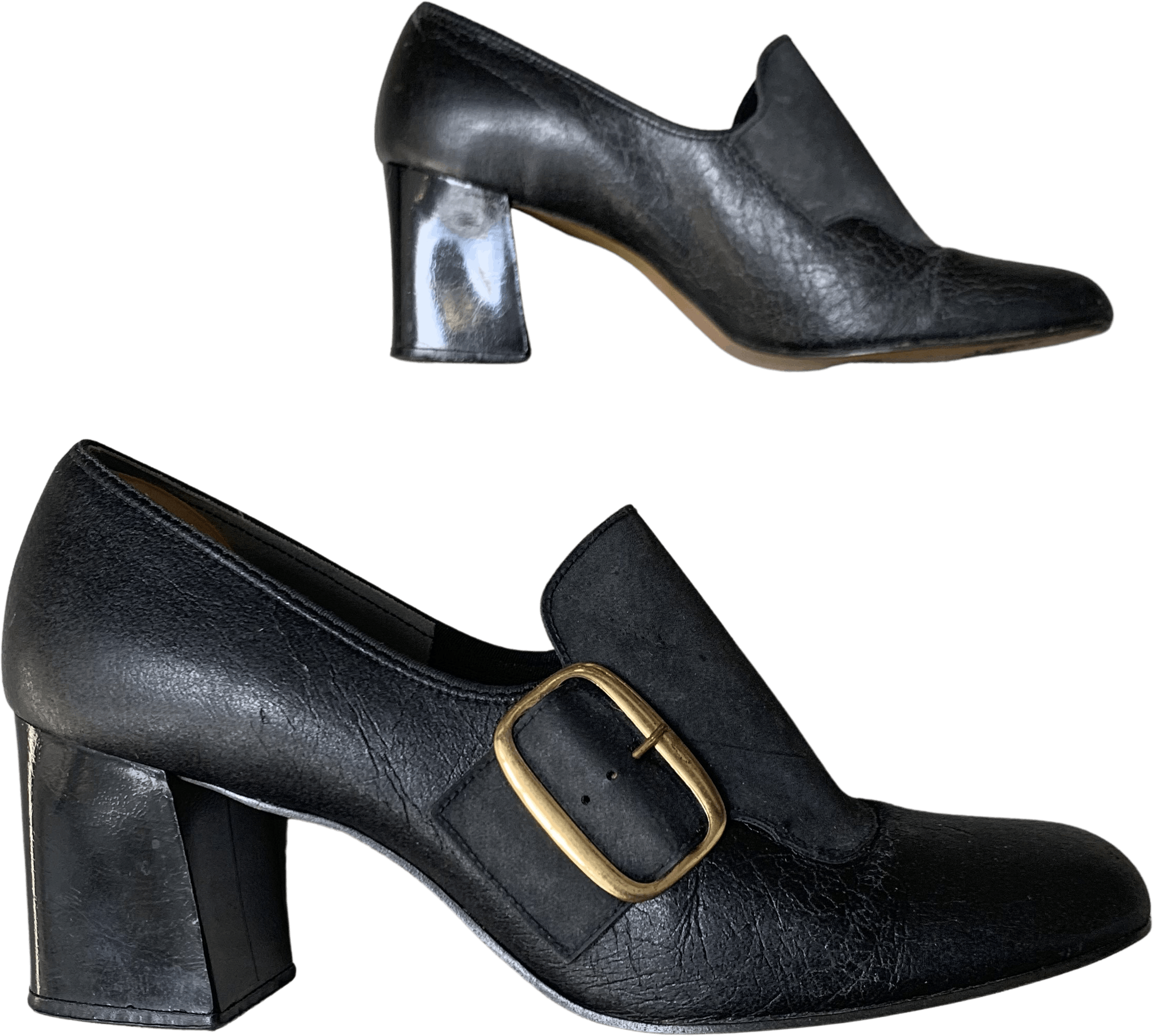 1980s Black Patent Leather Loafers With Wood Stacked Heel and 