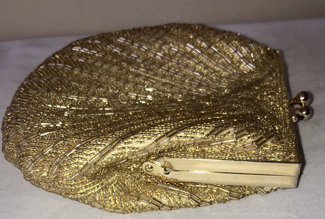 Vintage La Regale Gold Beaded Clam Shell Crossbody Purse 