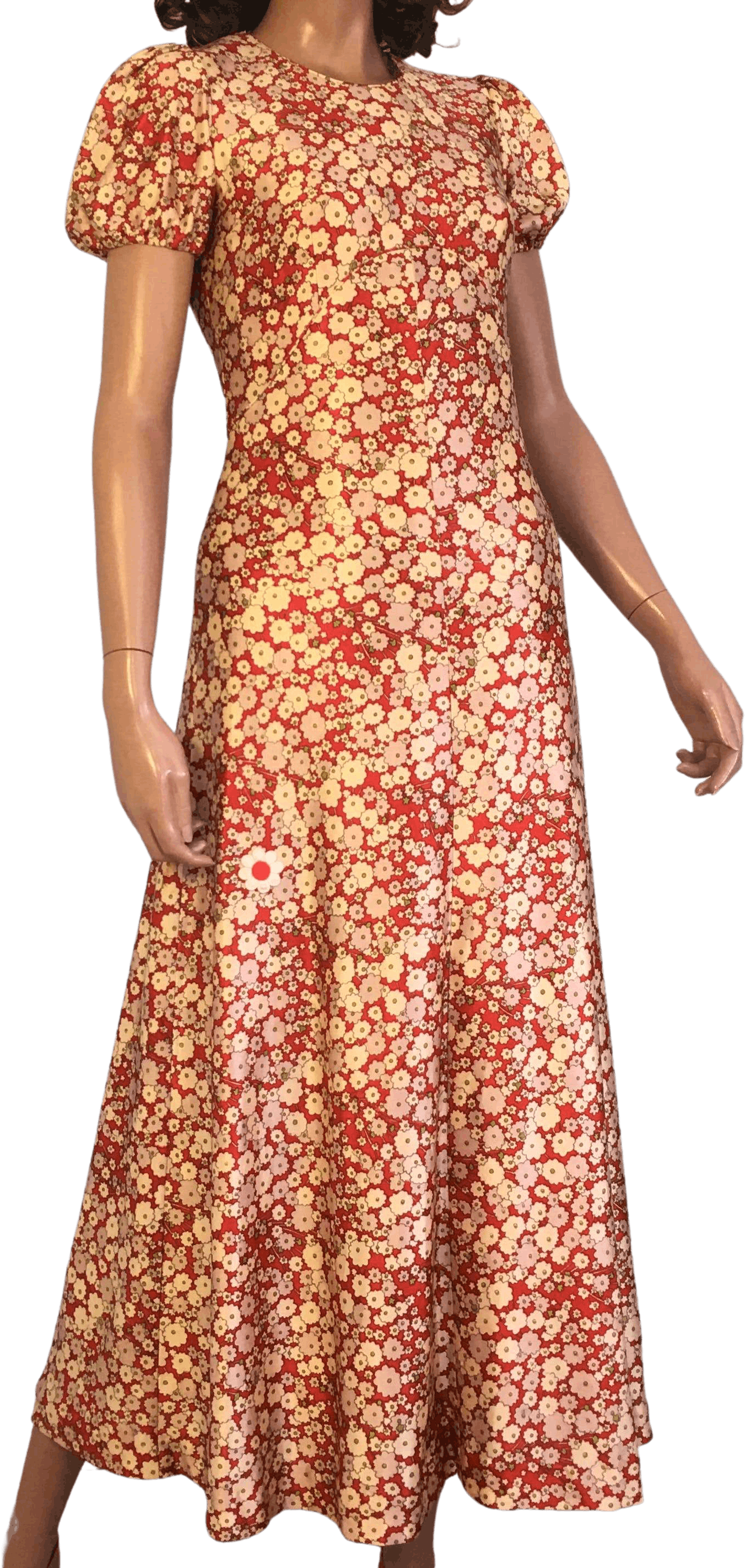 Vintage 70’s Floral Print Red Puff Sleeve Empire Waist Maxi Dress ...
