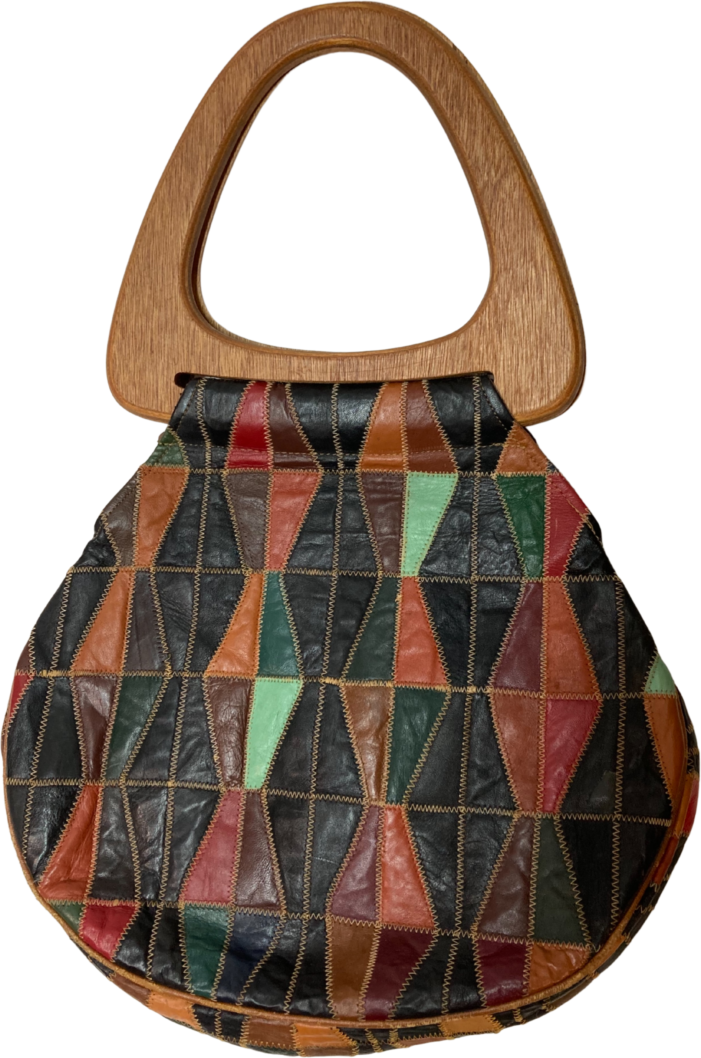 70’s Leather Patchwork and Wooden Handle Bag