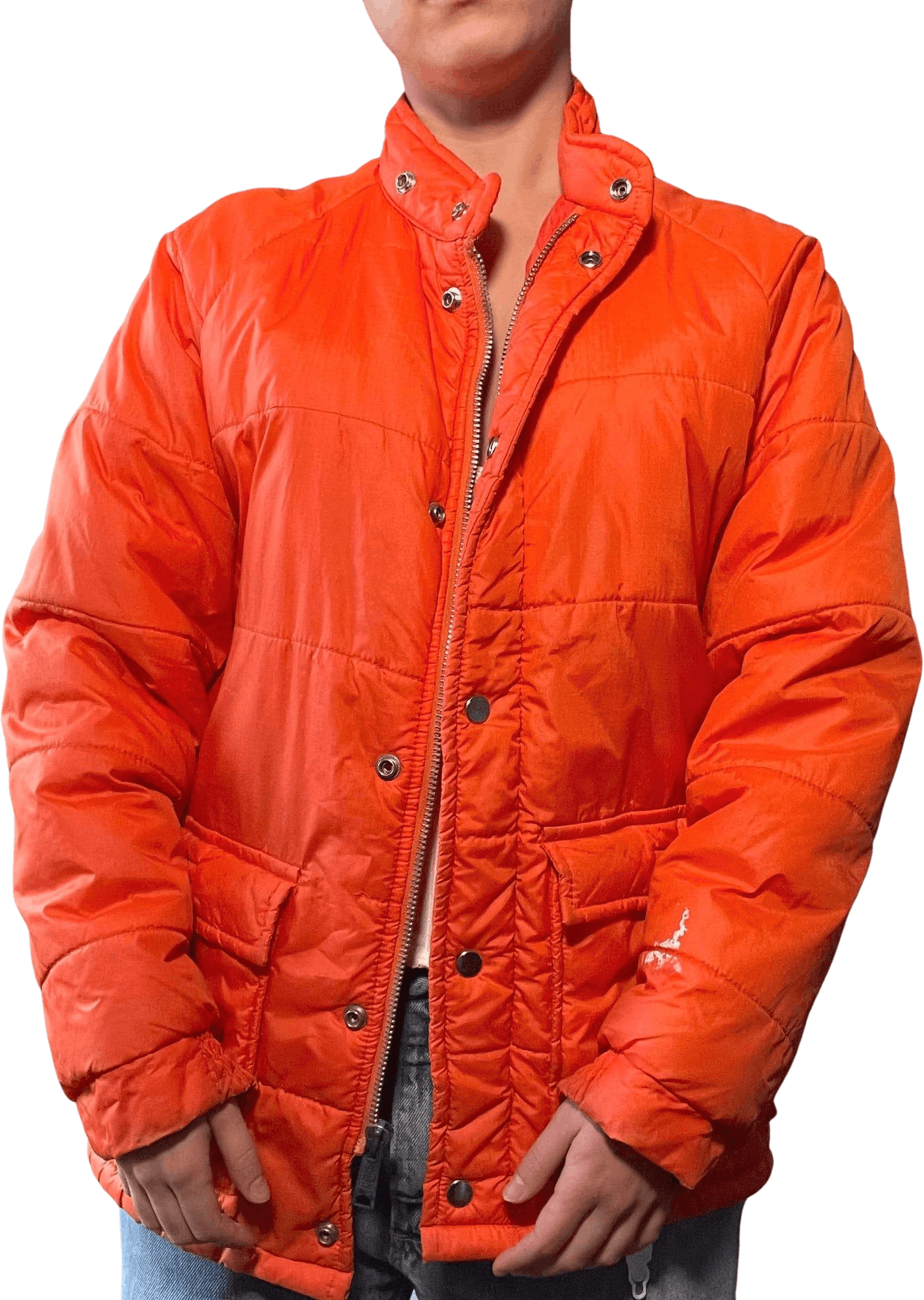 70s Orange Puffer authentic Coat S, Vintage Montgomery Ward Men's Quilted Insulated Outerwear Jacket, Small