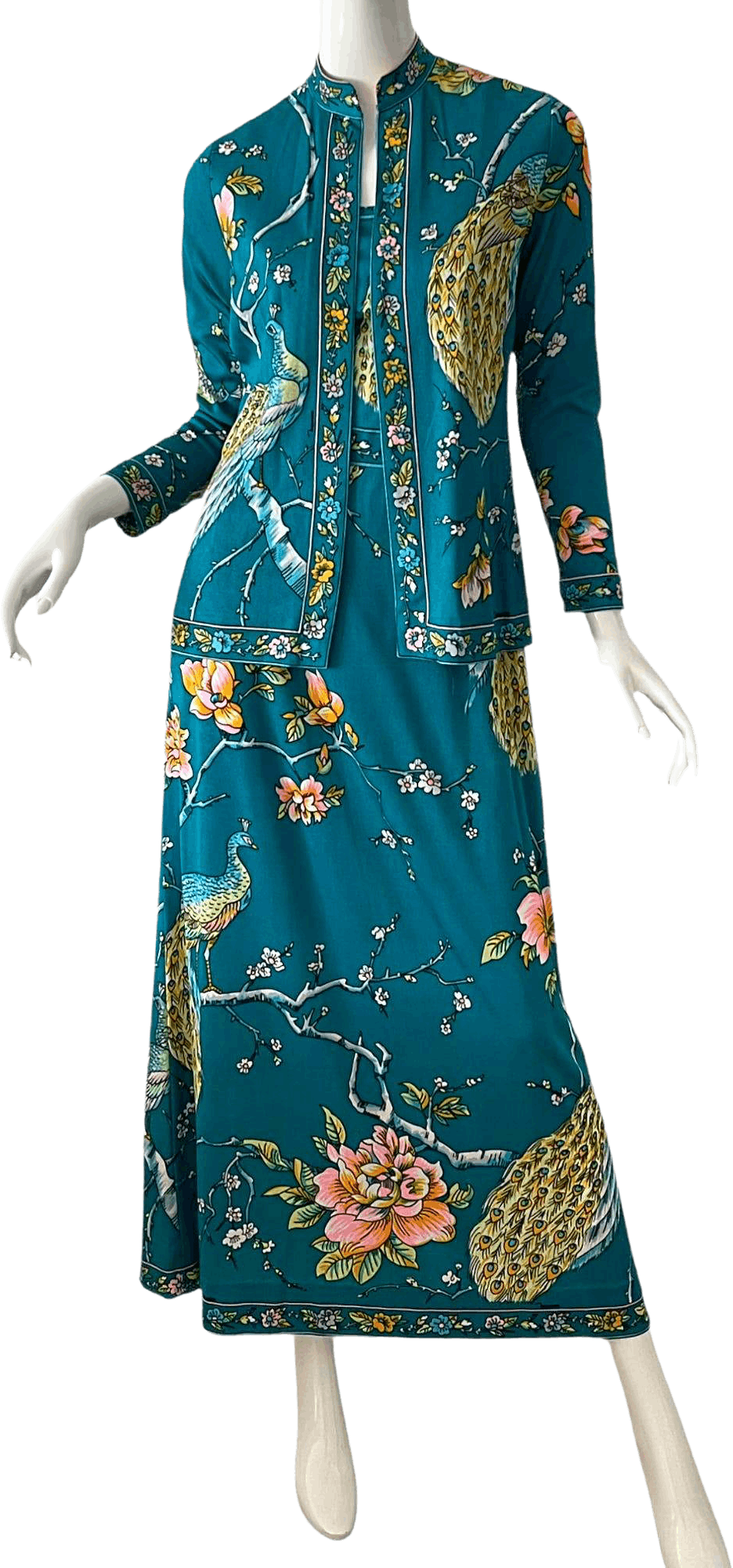 Vintage 70's Novelty Print Peacock Flower Dress Set by Maurice Shop THRILLING