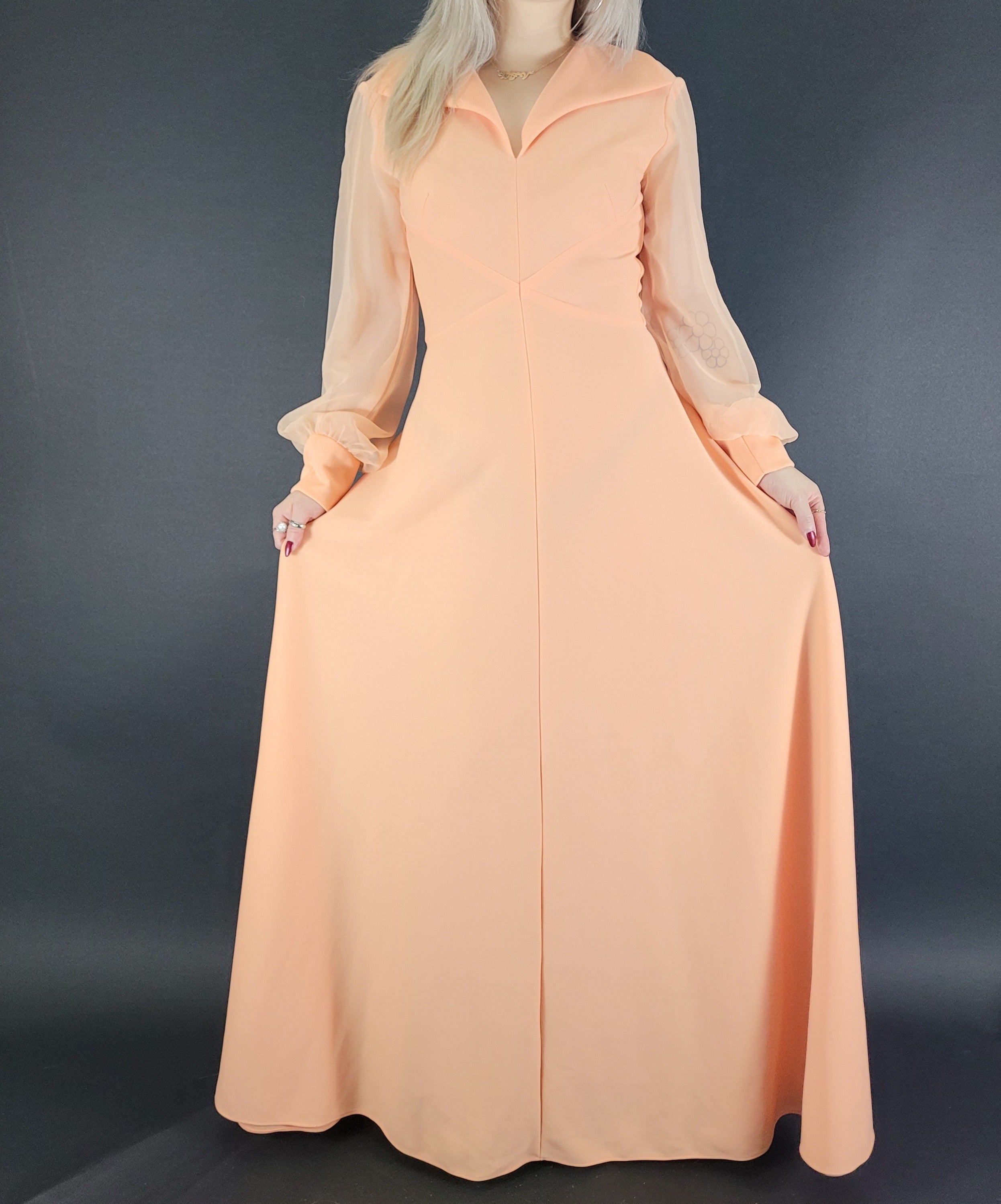 Vintage 70s Union shops Made Peach Long Sleeve Maxi Dress