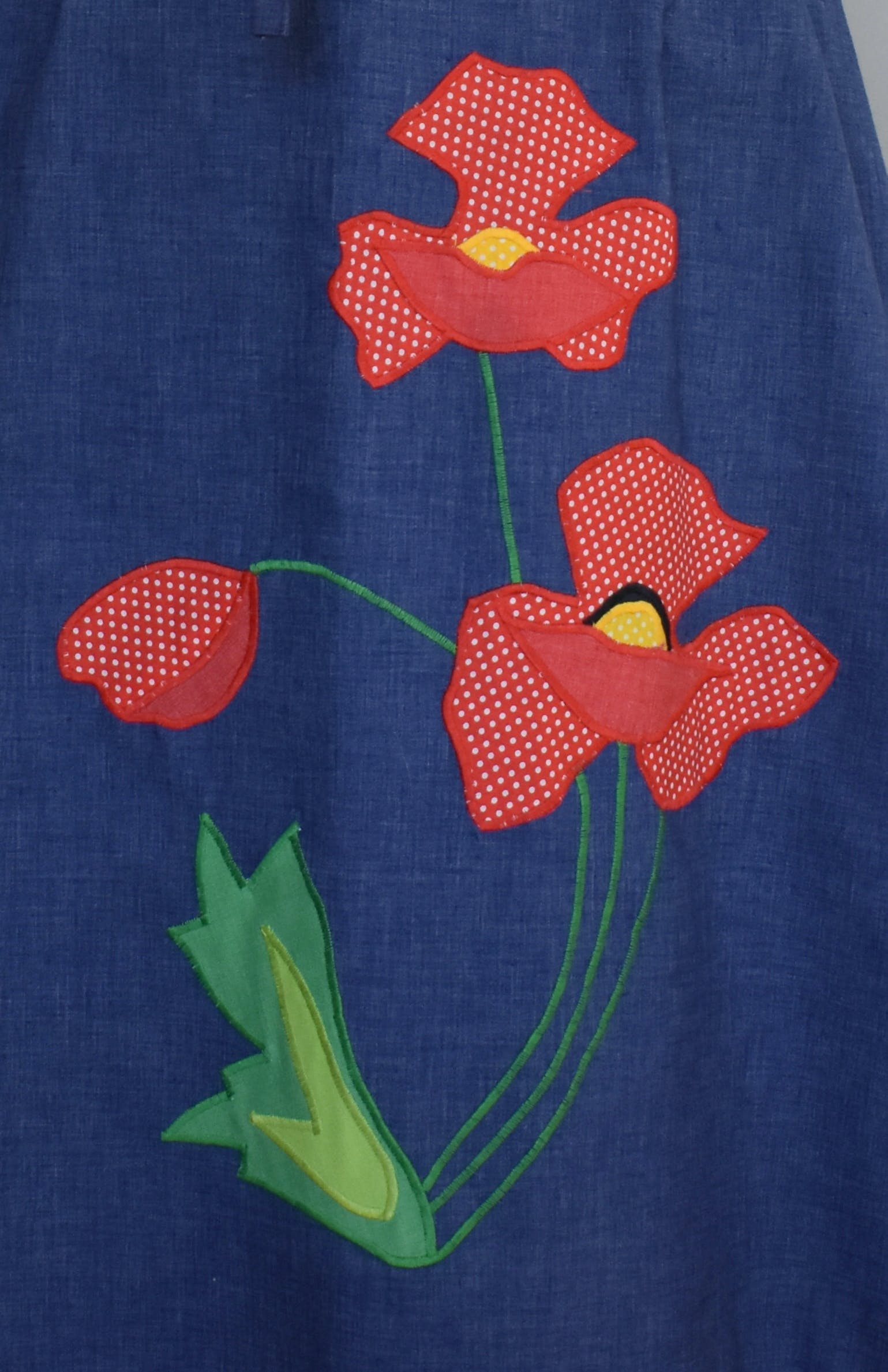 Vintage 70's Blue Chambray with Red Floral Applique Reverses to