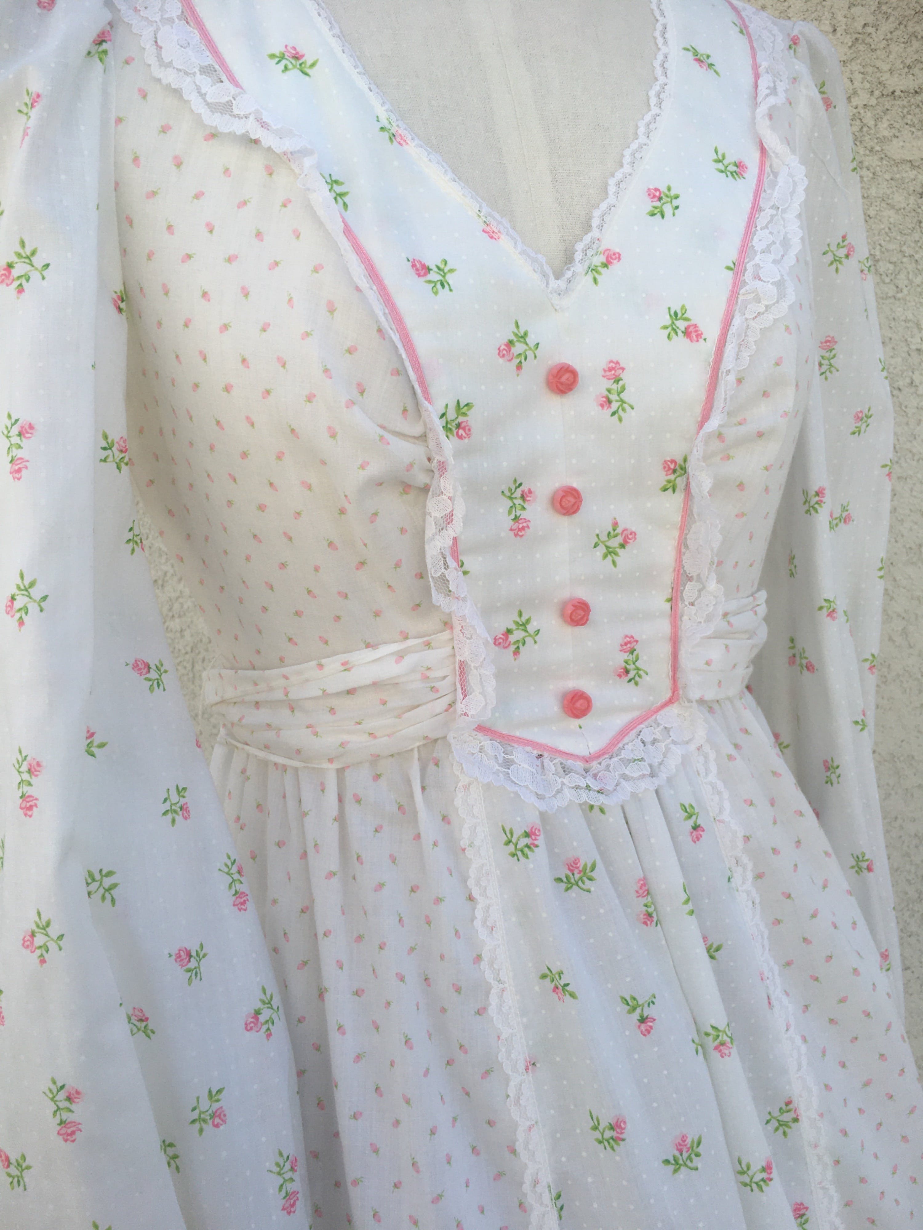 Vintage 70's White and Pink Calico Prairie Maxi Dress