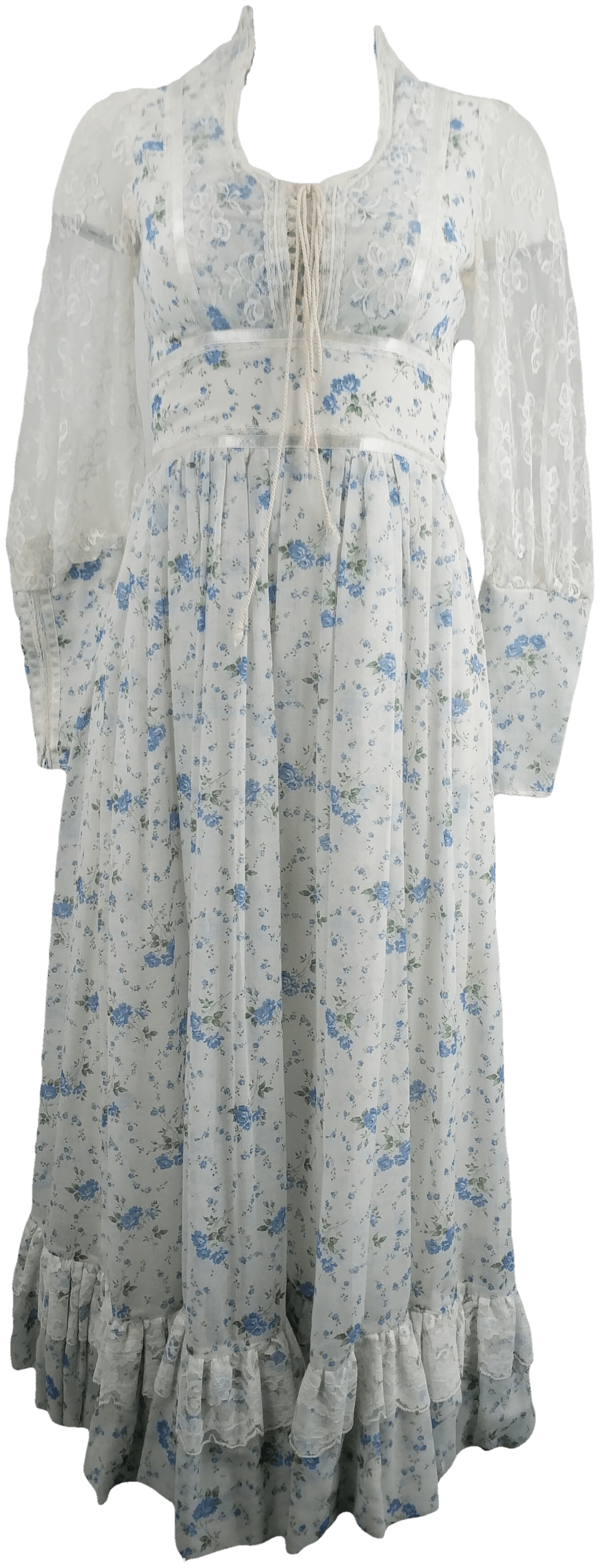 gunne sax blue floral dress Vintage 70's and White Maxi with Lace by Beautiful vintage reproduction that
