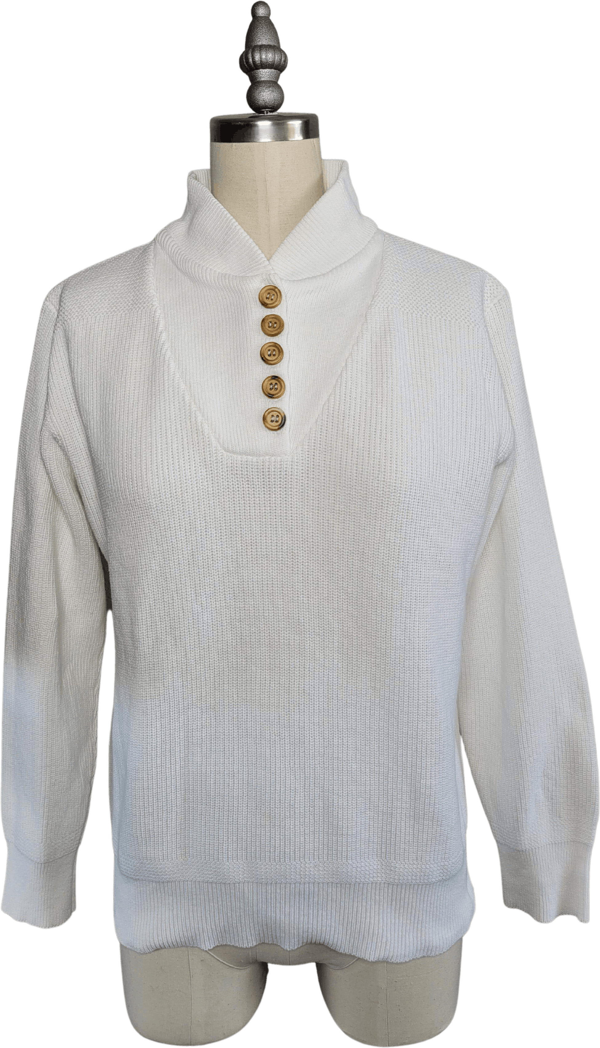 80’s/90’s White Cotton Henley Sweater with Wood Buttons by Eddie Bauer