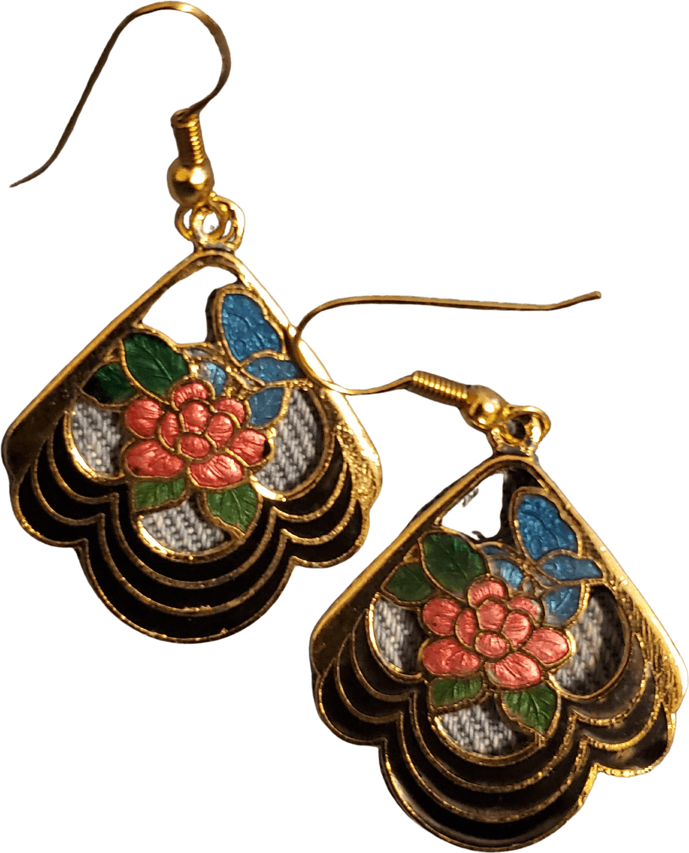 80's Deadstock Art Nouveau Black Floral Scalloped Edge Cloisonne Earrings