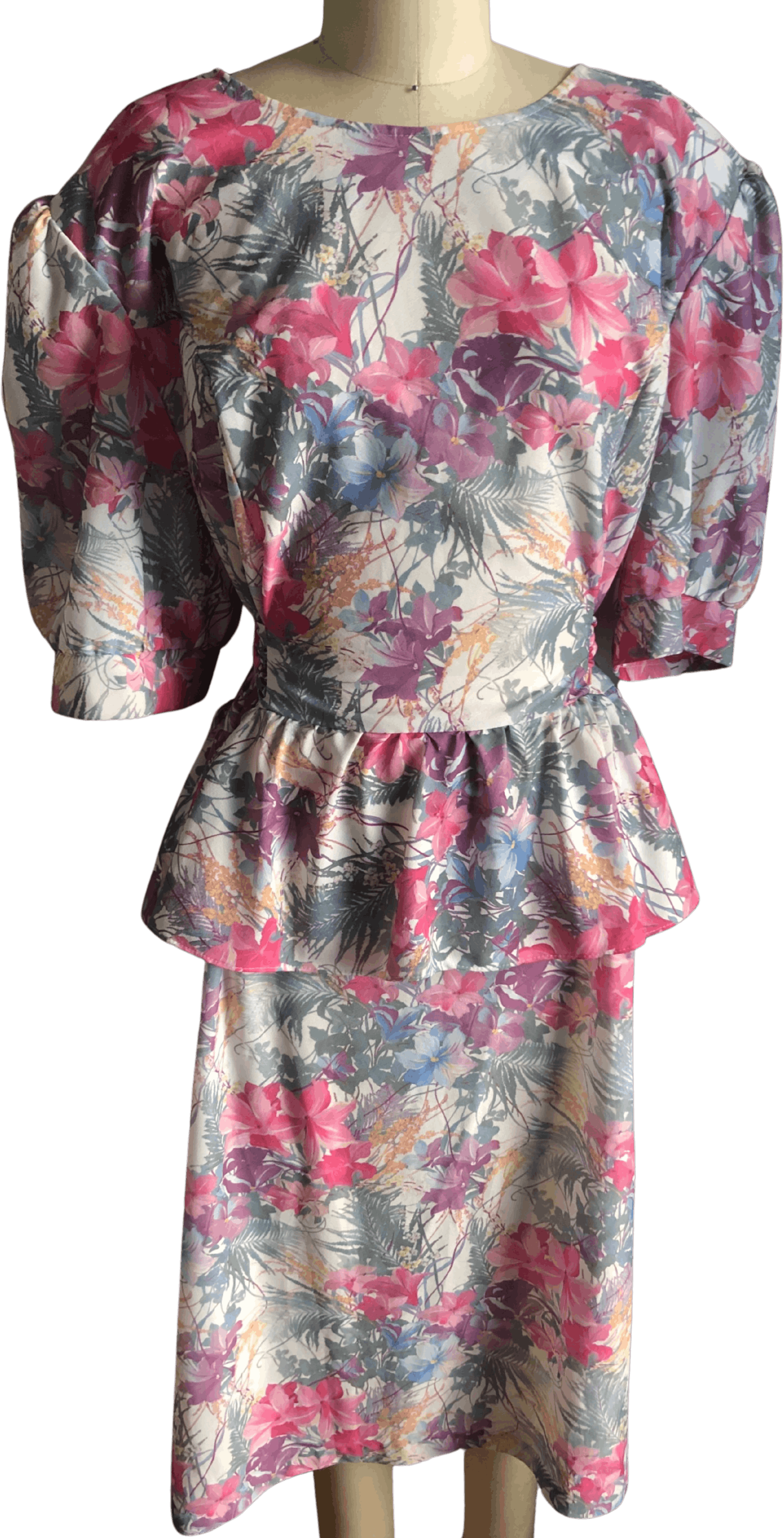 Vintage 80's Tropical Pastel Floral Peplum Puff Sleeve Dress Shop