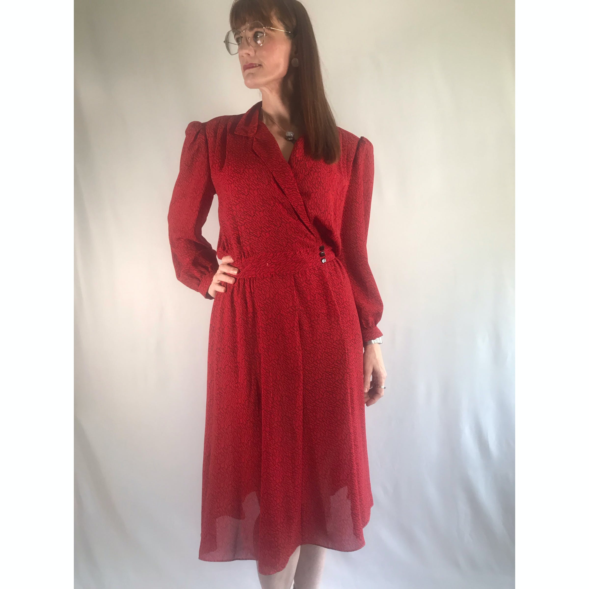 Vintage 80s Red Long Sleeve Midi Dress