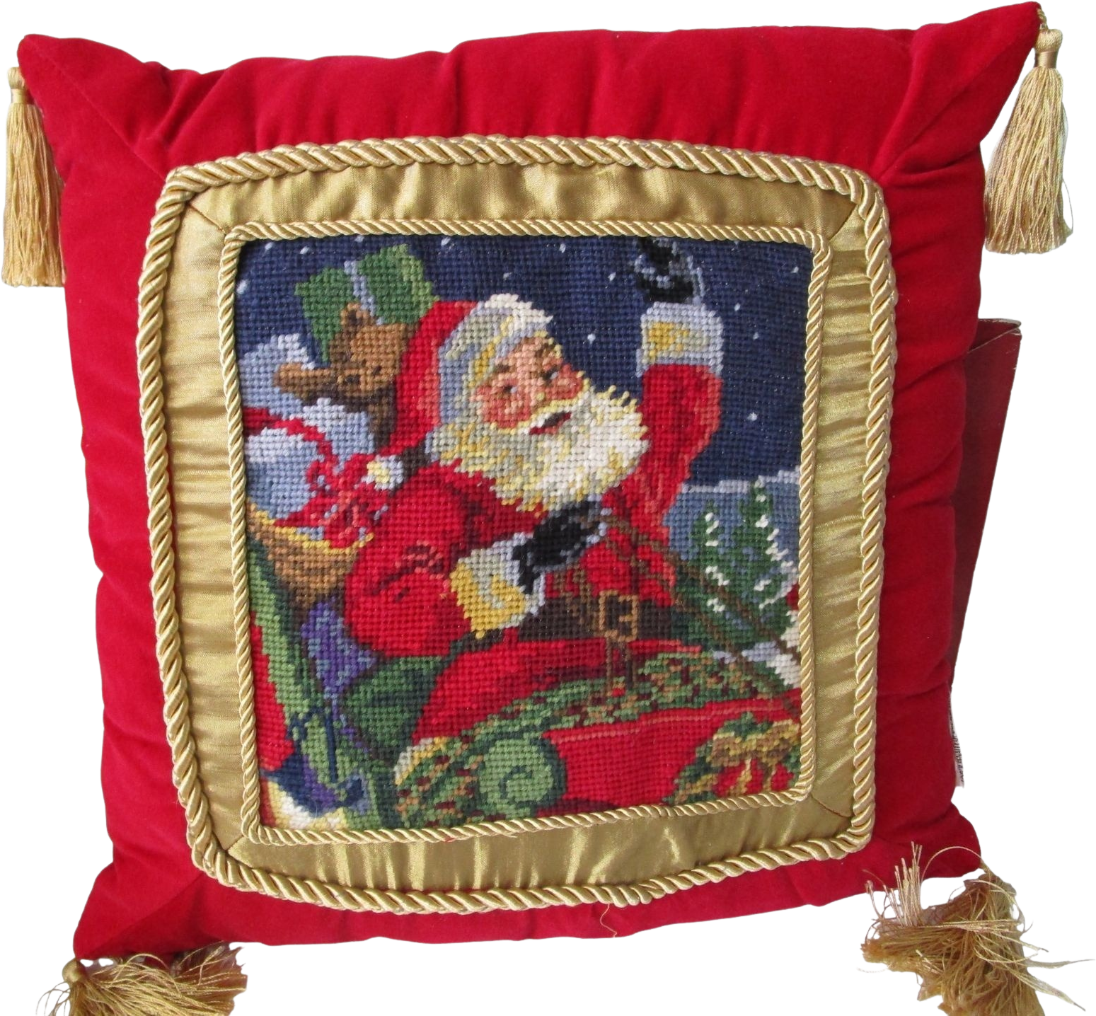 Vintage Santa Needlepoint Pillow with Red Velvet