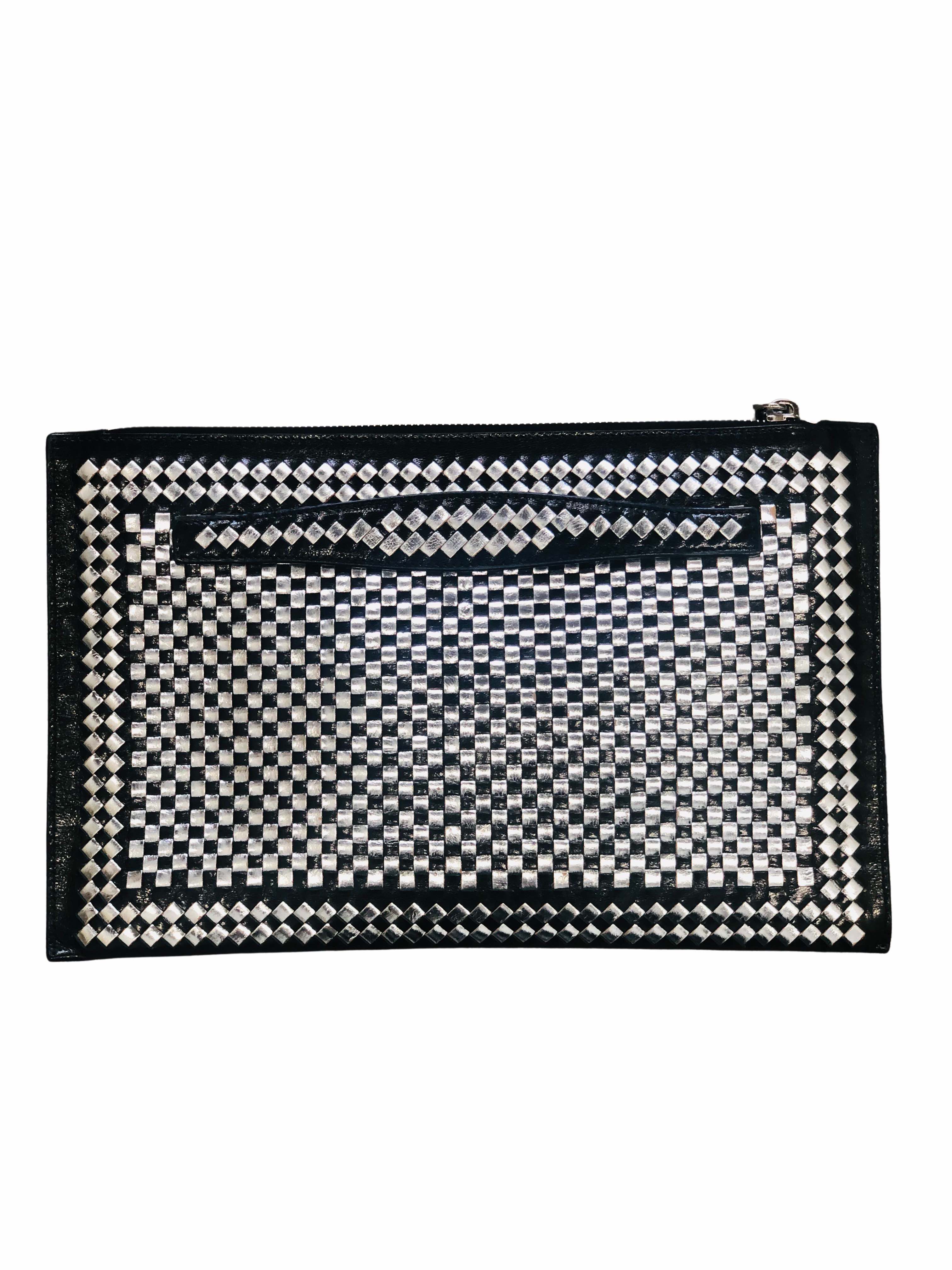 Vintage Prada Black and Silver Woven Madras Clutch Bag by Prada