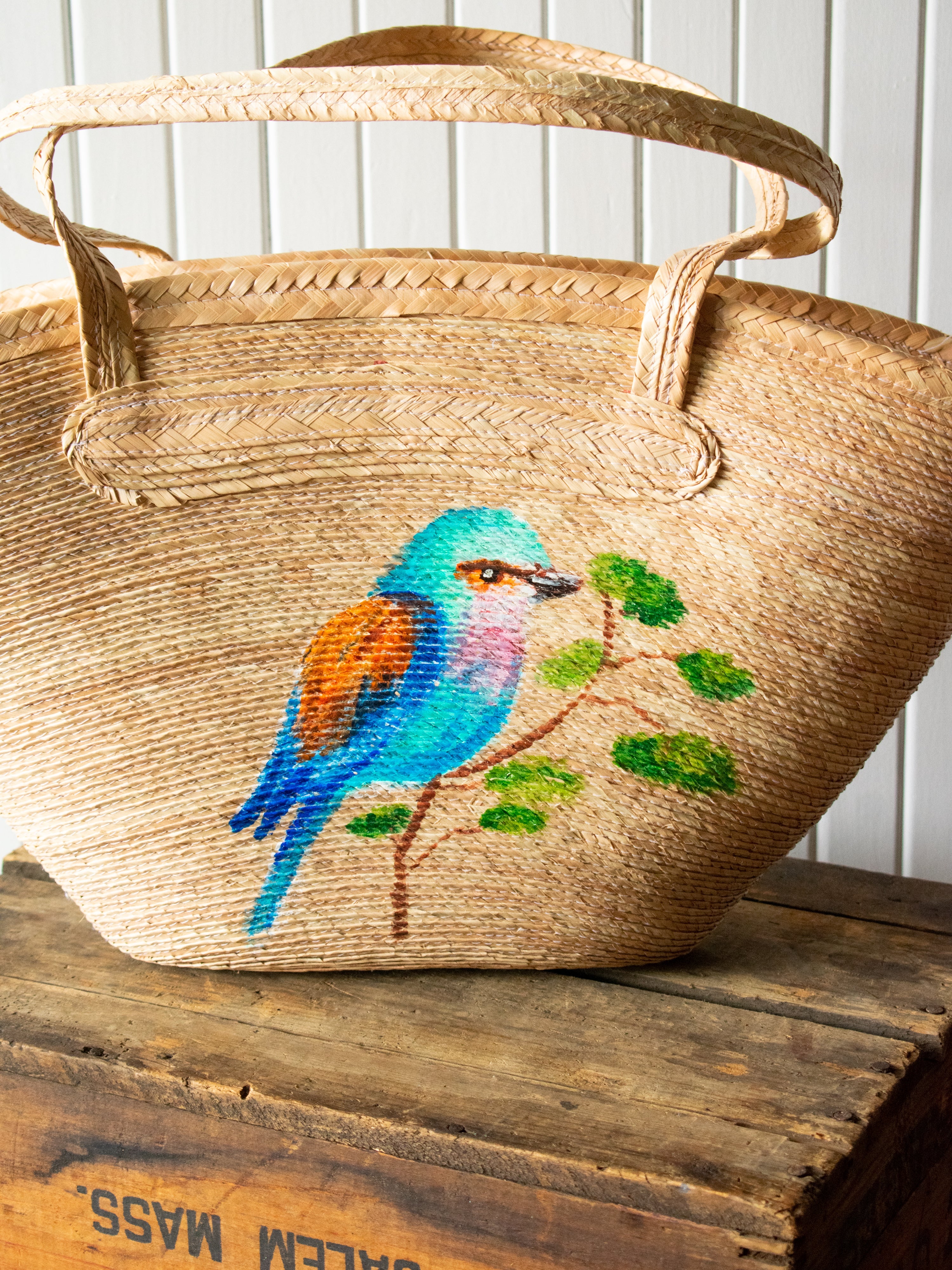 Hand Painted Straw Purse Red Bird Shoulder Bag Custom 