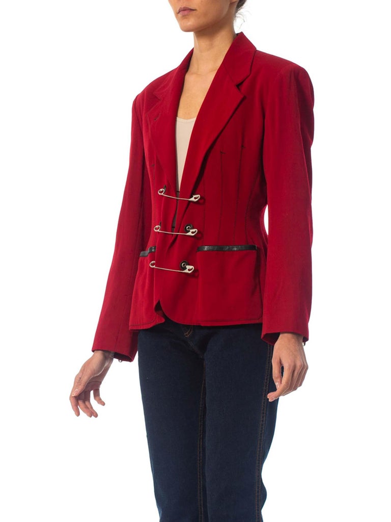 Vintage 80s Red Wool Jacket with Leather and Oversized Safety Pin Details  by J | Shop THRILLING