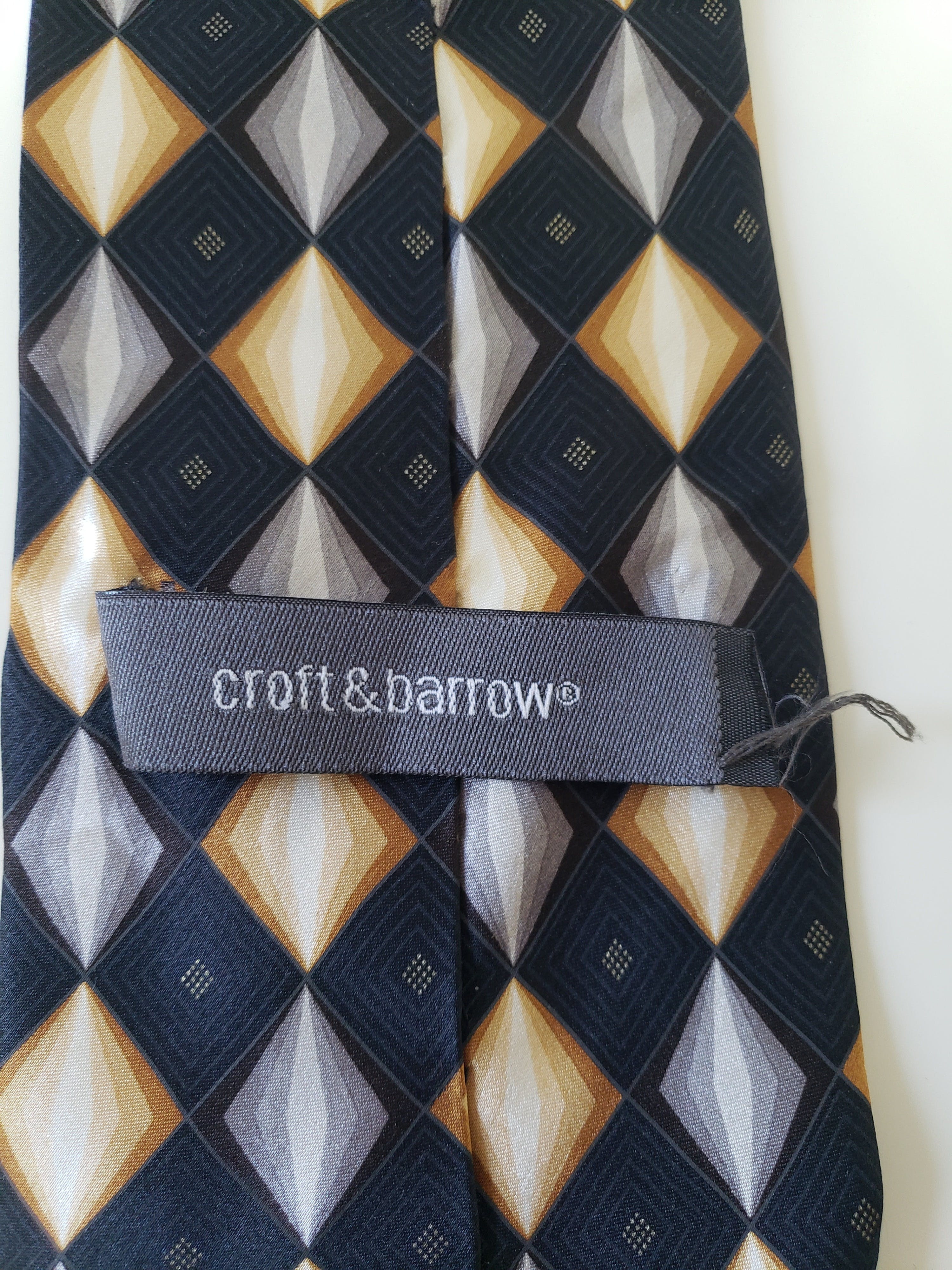 Vintage Black Tie with Gray and Gold Diamond Print by Croft