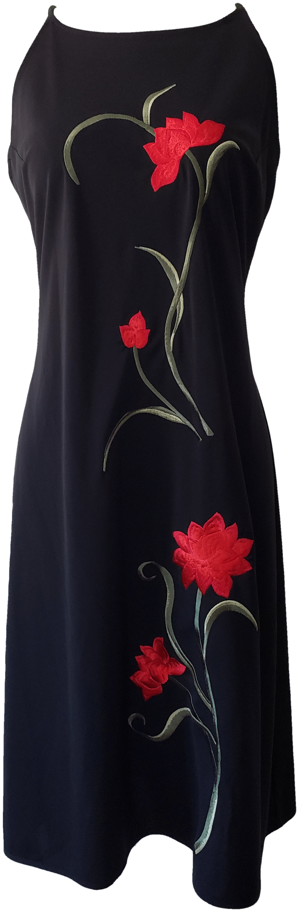 Vintage Black Sleeveless Mini Dress with Red Floral Embroidery by JR Nites | Shop THRILLING Vintage Black Sleeveless Mini Dress with Red Floral Embroidery by JR Nites | Shop THRILLING