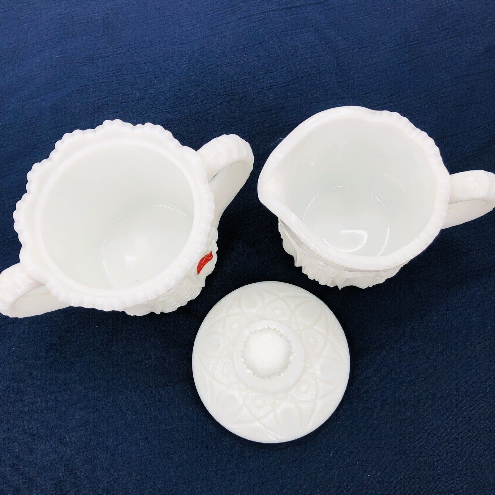 Vintage Smith Milk Glass cheapest Creamer & Sugar Set Quintec Stars & Panels Red Label