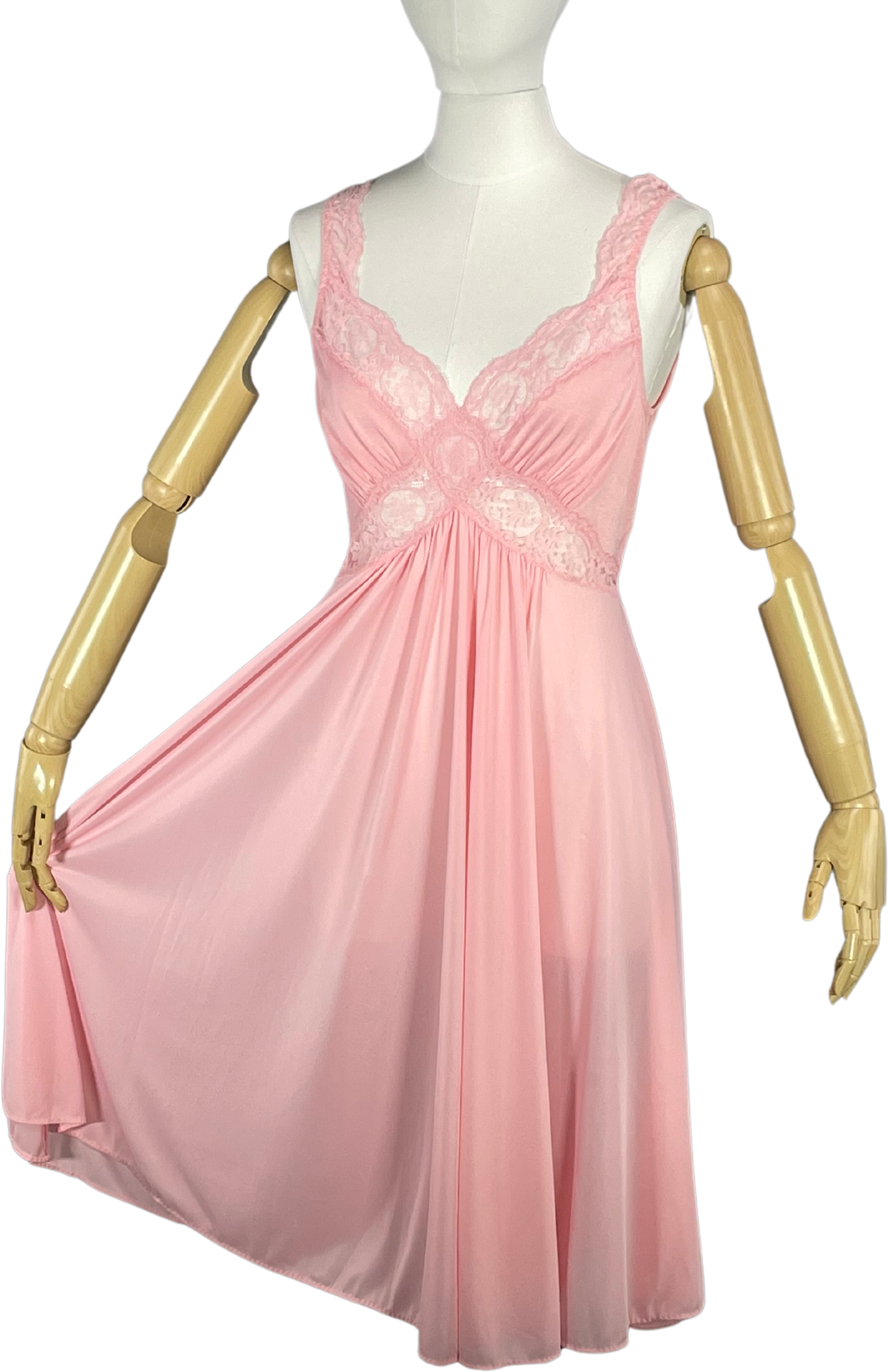 Vintage 70s Sexy Pink Lace Nylon Ballet Length Nightgown By Olga Bodysilk