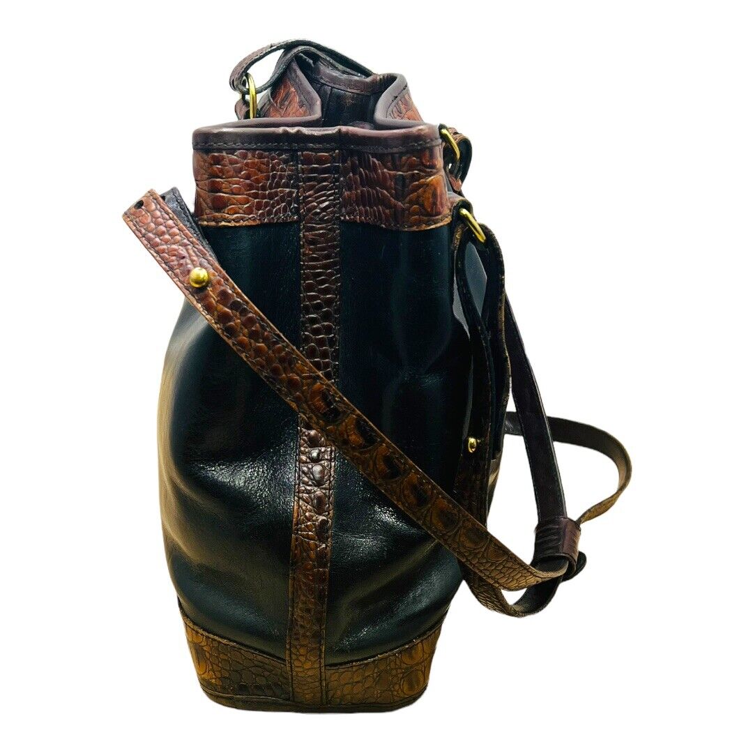 Brahmin Black Brown Croc Leather Tuscan Satchel Hand Bag W/Shoulder Strap