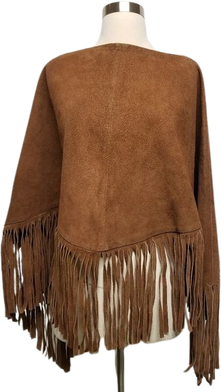 Vintage 70s Handmade Suede Leather Fringe Shawl Poncho One