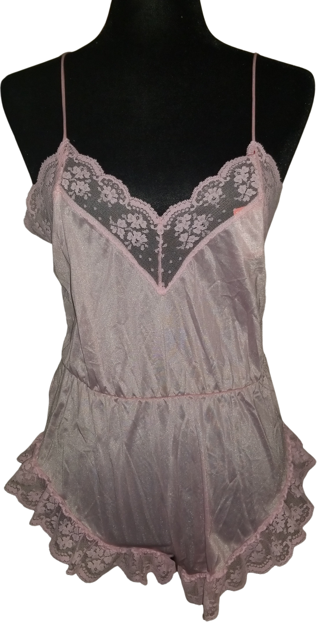 Vintage 80s Silky Pink And Lace Teddy Romper by Donna Richards for Gilligan  