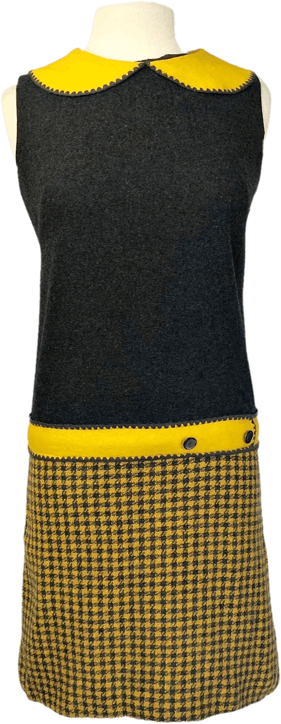 Vintage 60’s Gray and Yellow Houndstooth Wool Dress Shop THRILLING