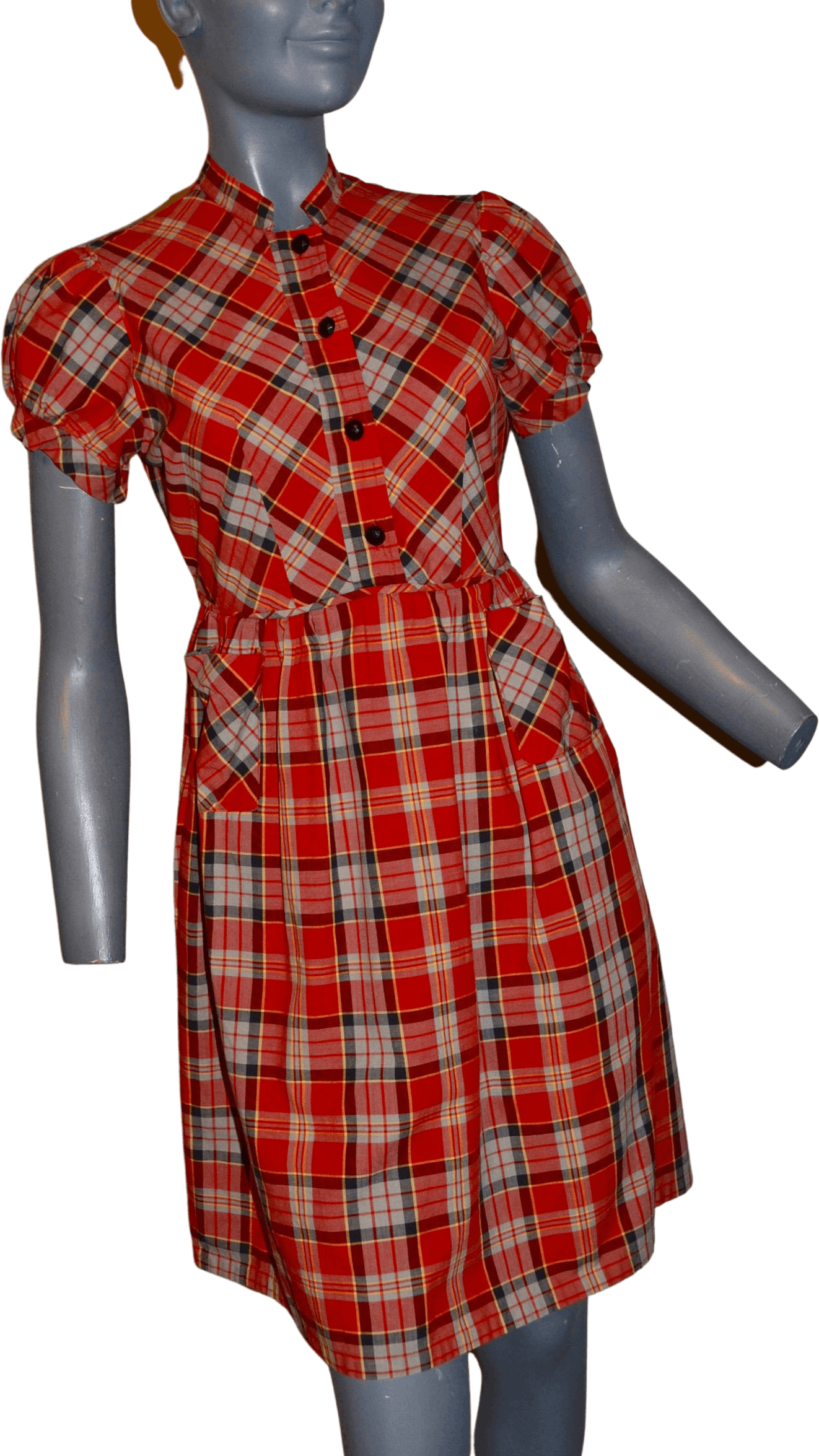 1940s 1950s Youth Teen Plaid dress. Galey and Lord Fabric Chubette. Puffed sleeves A line with mandarin collar. Tie Back. Bust Chest 36 newest