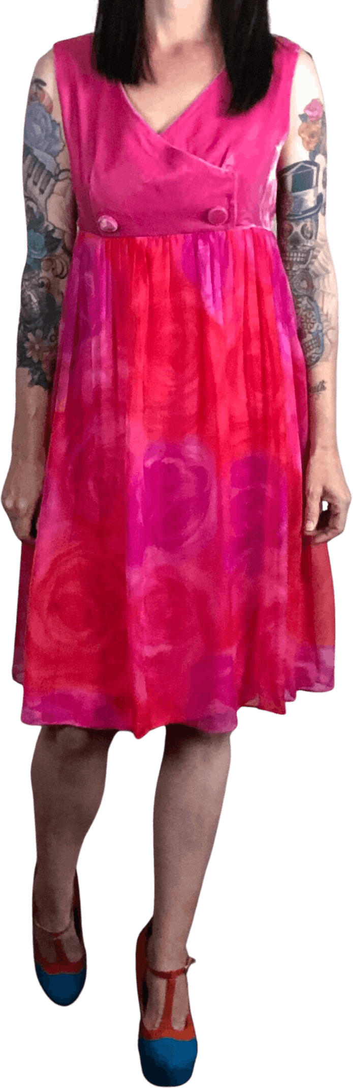 Vintage 60’s Hot Pink and Orange Mini Velvet Chiffon Dress Shop THRILLING