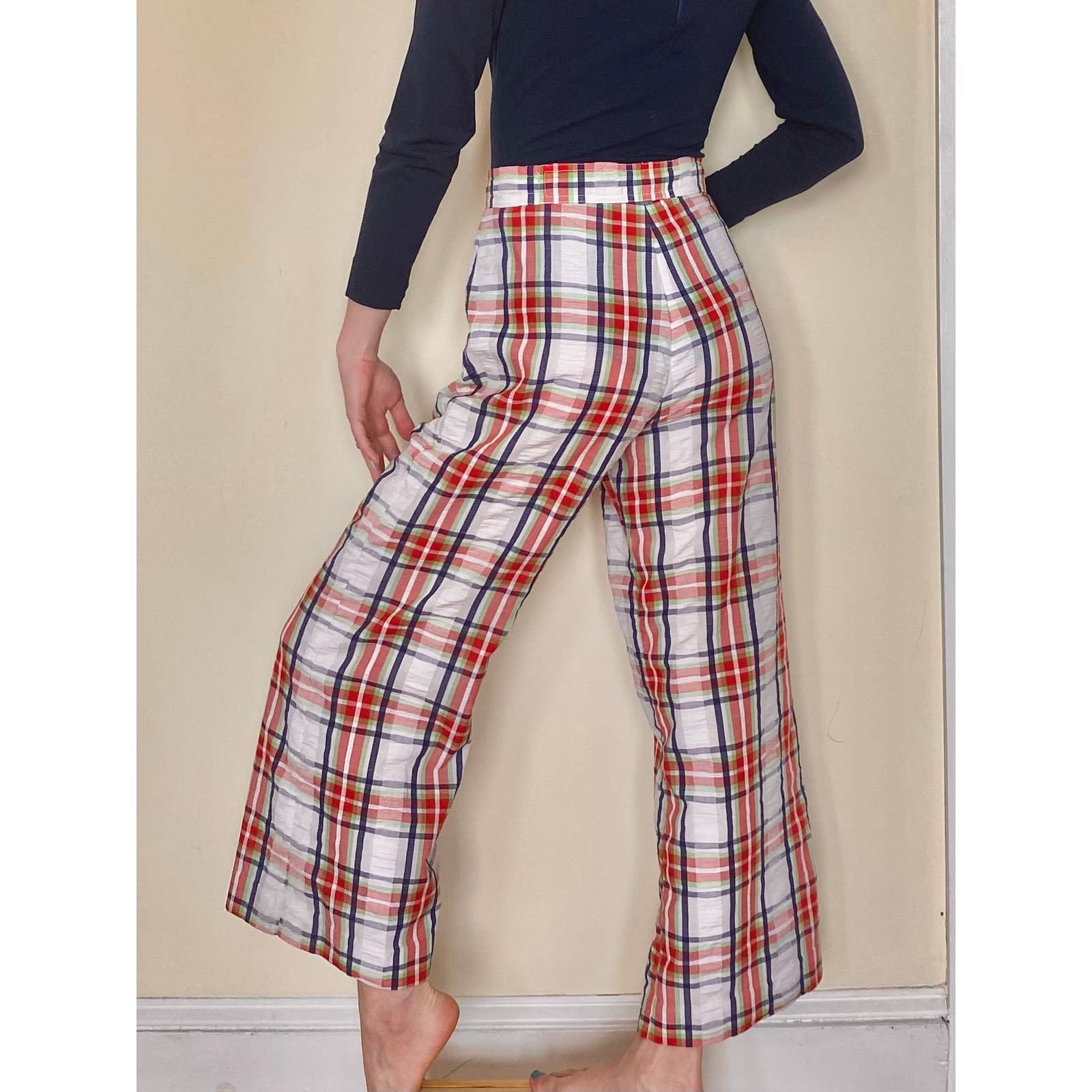 Vintage 70’s Rainbow Plaid Seersucker Bell Bottom Pants 