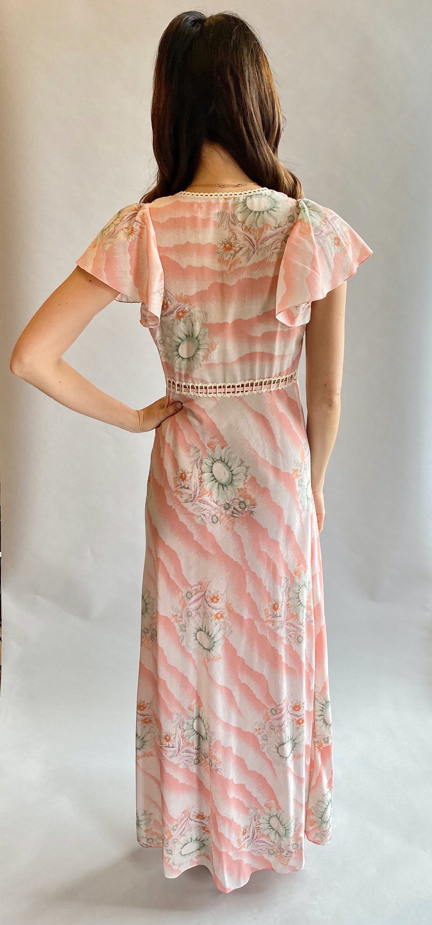 Vintage 70s Pink & Blue Floral Maxi Dress 8 10