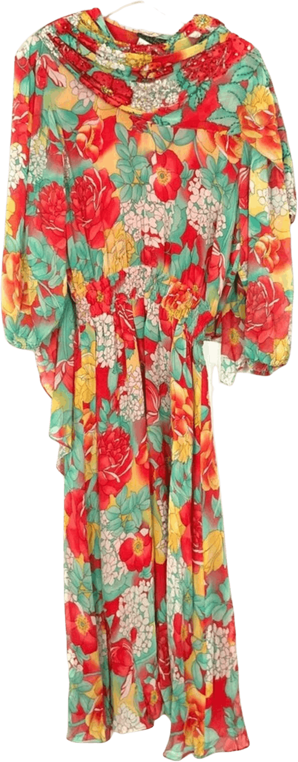 Vintage Multicolor Silk Floral Dress with Attached Scarf by Diane Freis
