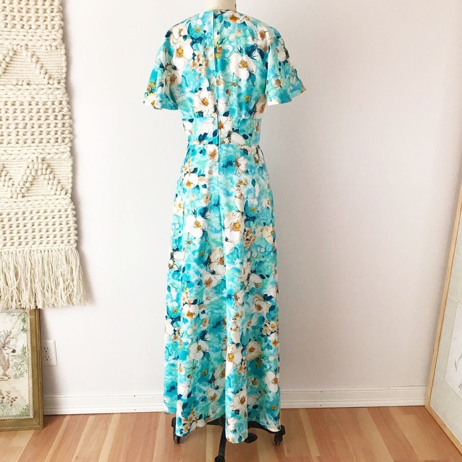 Vintage 70's Flutter Sleeve Floral Maxi Dress Shop THRILLING