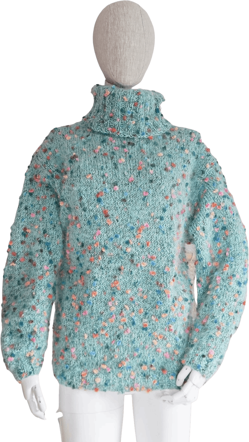 Vintage 70's Baby Blue and Multicolor Pom Pom Turtleneck Sweater Shop