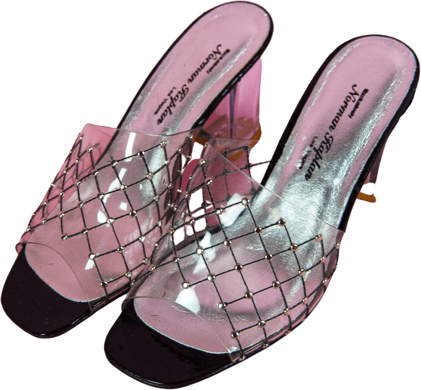 Vintage 80's Transparent Rhinestoned Heeled Mules by Norman Kaplan Las Vegas Shop THRILLING