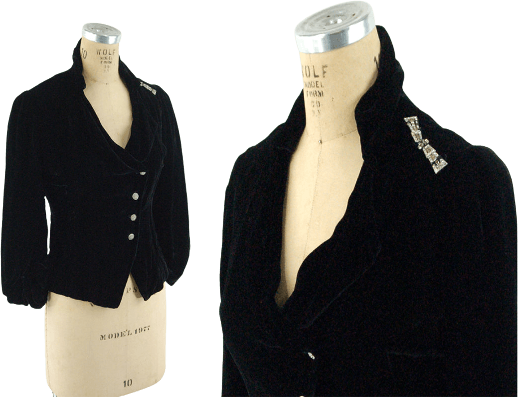 Vintage 30's Black Silk Velvet Jacket with Rhinestone Buttons Shop THRILLING