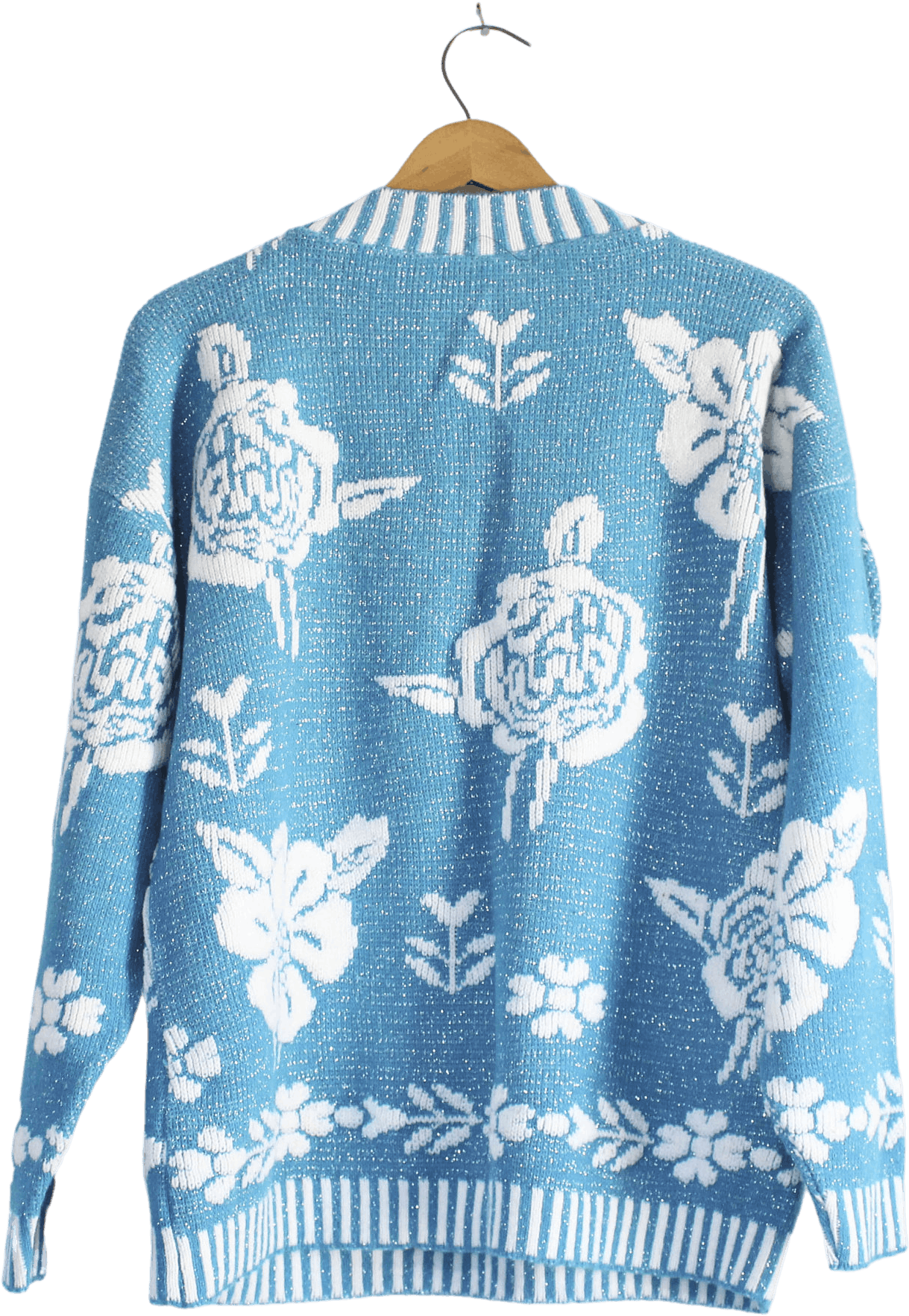 Vintage Blue Floral Print Acrylic Sweater Shop THRILLING
