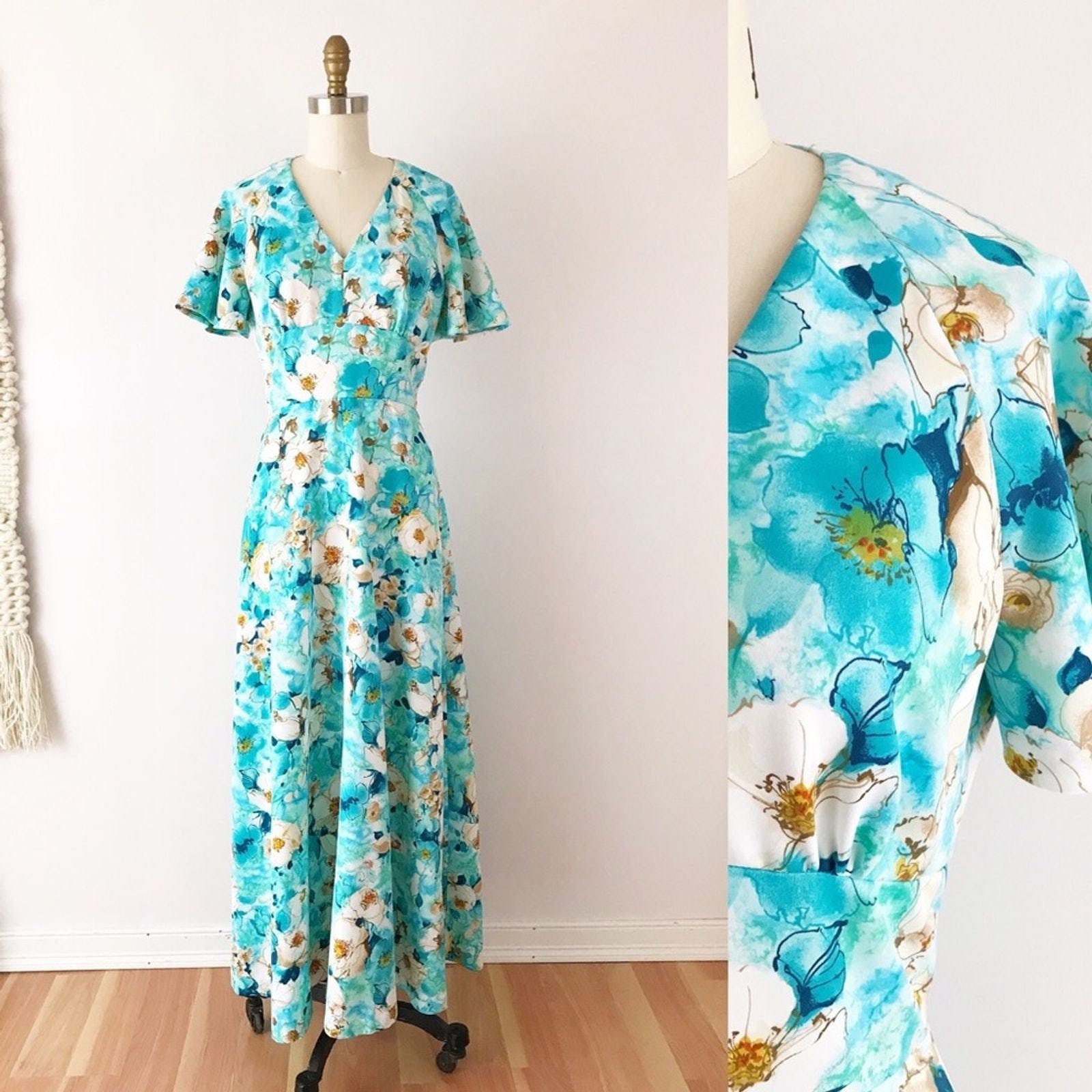 Vintage 70's Flutter Sleeve Floral Maxi Dress Shop THRILLING